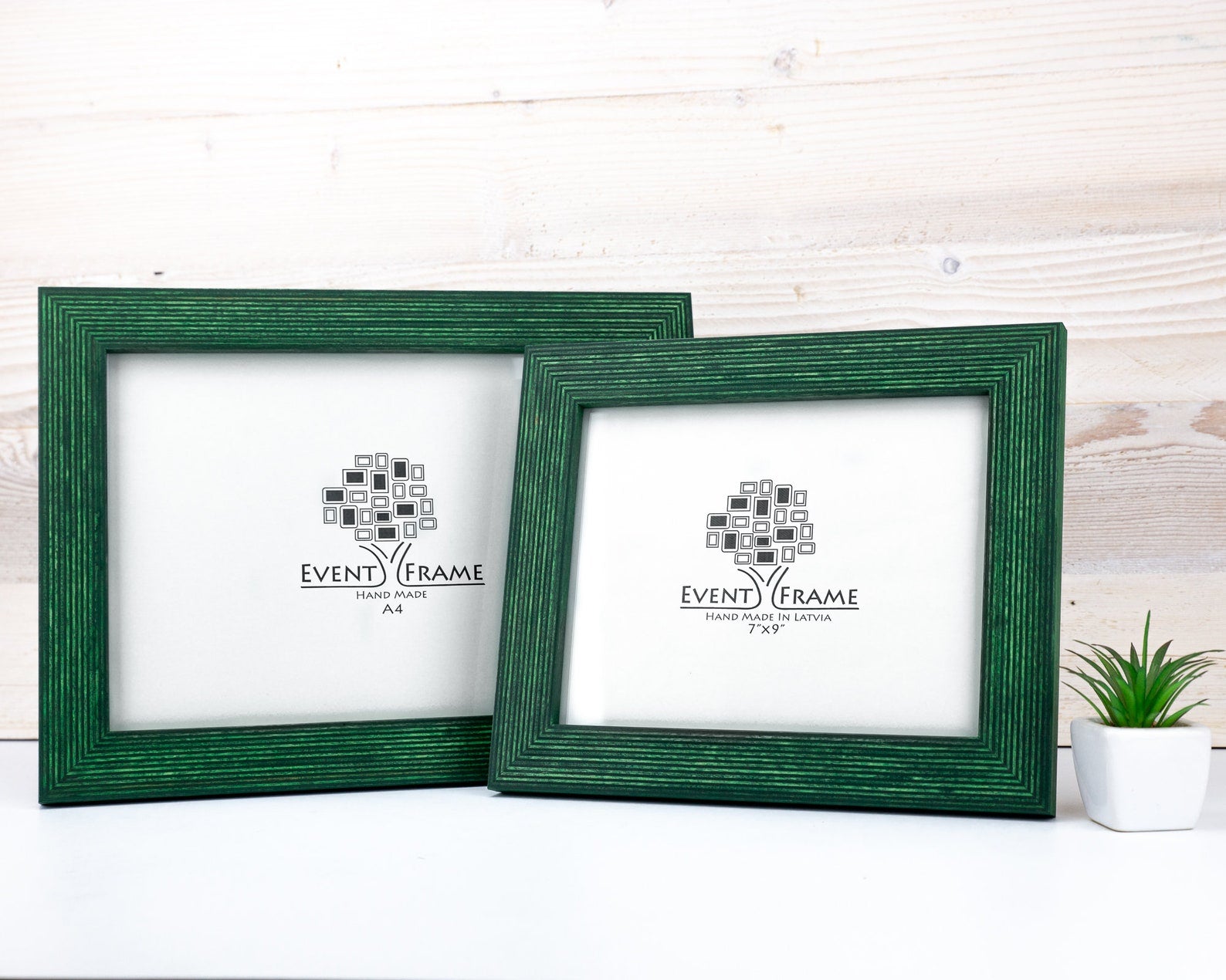 Two green picture frames with 'Event Frame' logo on a white surface. Green Picture Frame, Wooden Handmade Frame, Rustic Frame 4x4, 4x6, 5x7, 7x9 8x10, 8x12, 11x14, 8.5x11, 10x10, 10x30, A5, A4, A3, 12x16 32x40