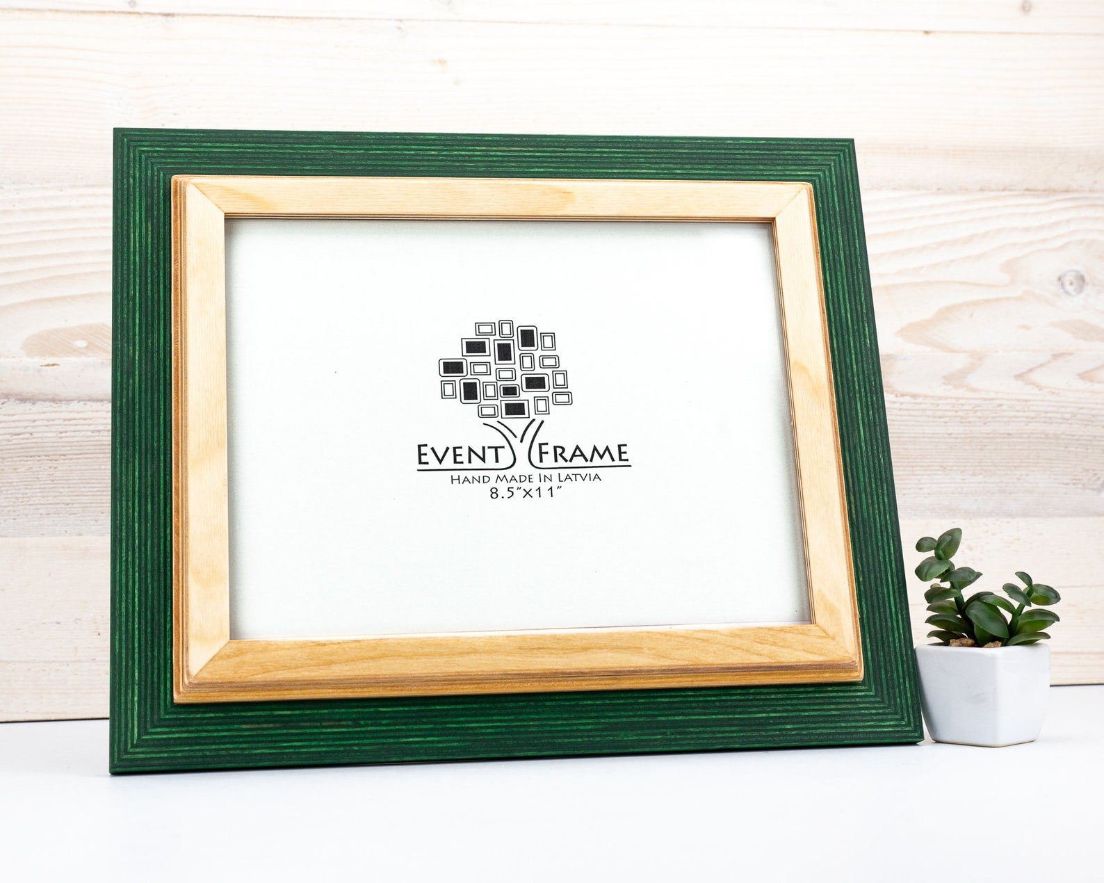 Green and gold picture frame with 'Event Frame' logo on a white background. Green + Natural Picture Frame, Wooden Photo Frame for Wall Art, Custom Picture Frame 5x7, 8x8, 8x10, 11x17, 12x18, 18x24, 20x36, A3, A4, A5