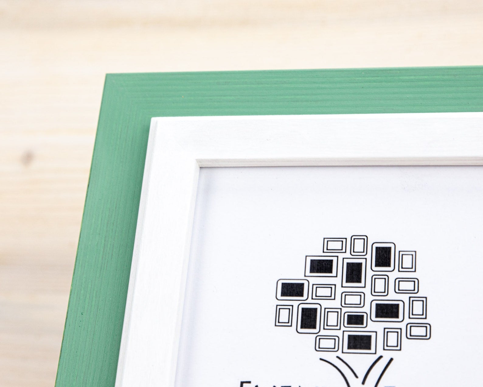 Framed artwork with a tree design on a light wooden surface. Grey and white rustic birch frame with handmade charm and clean contrast. Eco-finished and perfect for art, photos, or calm modern wall décor.