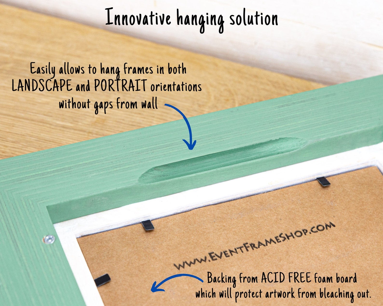 Innovative hanging solution for frames with text and arrows pointing to features. Grey and white rustic birch frame with handmade charm and clean contrast. Eco-finished and perfect for art, photos, or calm modern wall décor.