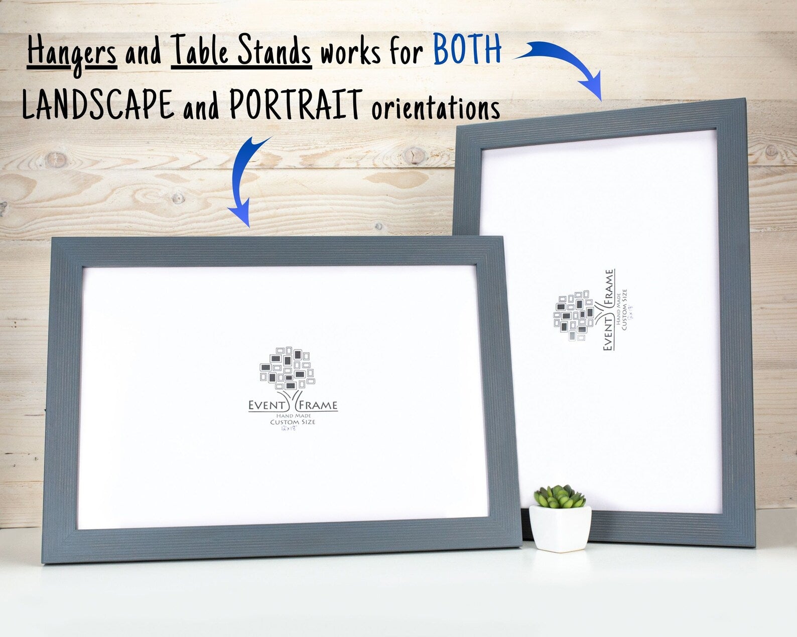 Two gray picture frames on a wooden surface with text indicating compatibility for landscape and portrait orientations. Grey Wooden Picture Frame, Handmade Custom Size Photo Frame, Stripy Design Poster Frame A1 A2 5x7 10x10 8x10 12x18 16x20 18x24 20x30 24x36