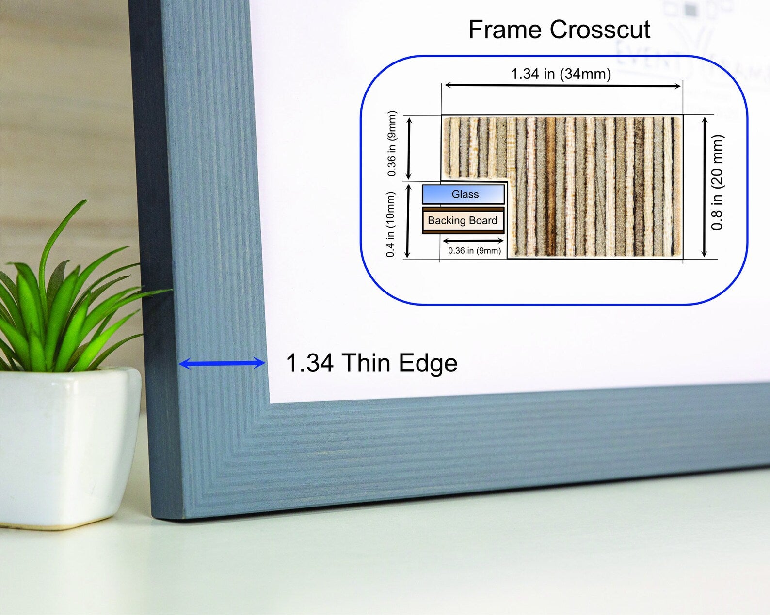 Gray picture frame with crosscut detail showing glass, backing board, and thin edge measurement. Grey Wooden Picture Frame, Handmade Custom Size Photo Frame, Stripy Design Poster Frame A1 A2 5x7 10x10 8x10 12x18 16x20 18x24 20x30 24x36