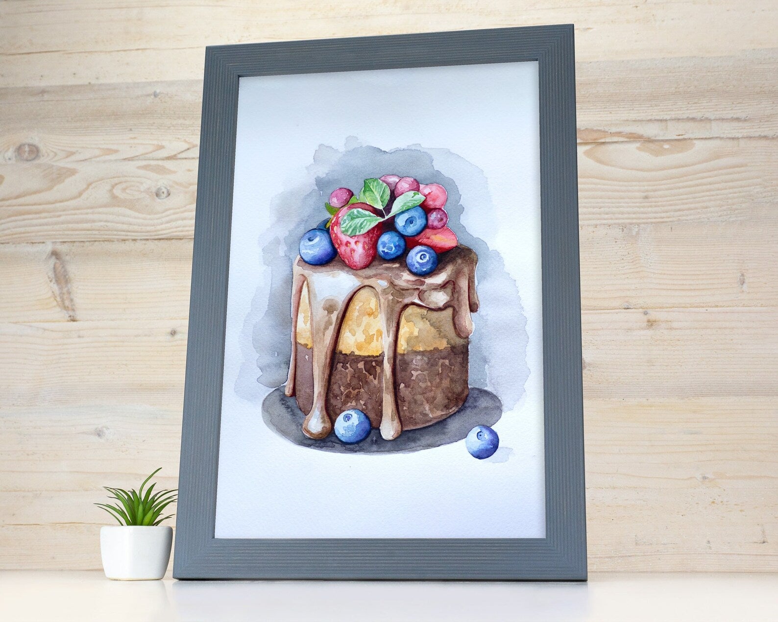Framed artwork of a cake with berries on a wooden background. Grey Wooden Picture Frame, Handmade Custom Size Photo Frame, Stripy Design Poster Frame A1 A2 5x7 10x10 8x10 12x18 16x20 18x24 20x30 24x36