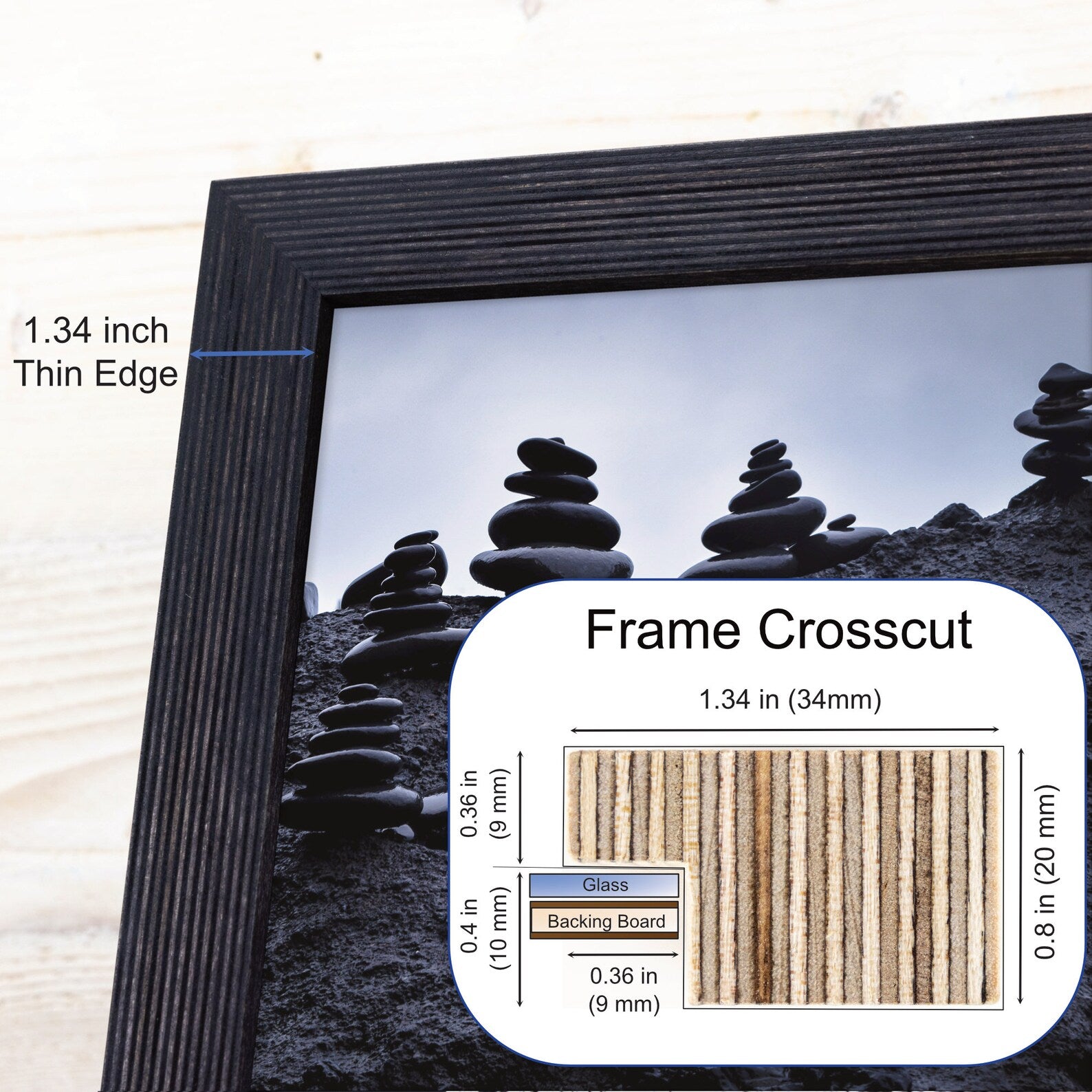 Black picture frame with crosscut details and a scenic background of stacked stones. Black Picture Frame, Wooden Photo Frame, Rustic Stripy Design Frame, Dark Academia Decor,Diploma Frame A1 A3 A4 8x10 11x14 12x18 18x24 20x30