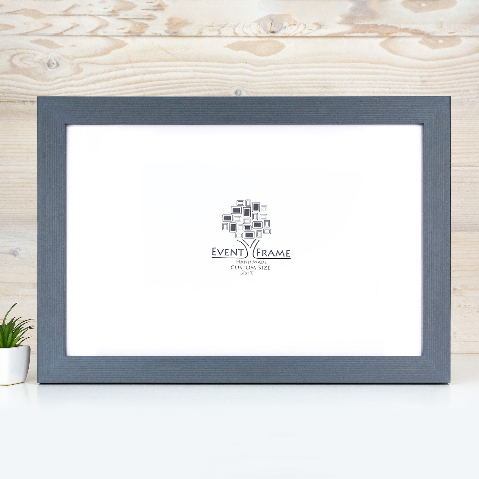 Gray picture frame with a white background on a wooden surface. Grey Wooden Picture Frame, Handmade Custom Size Photo Frame, Stripy Design Poster Frame A1 A2 5x7 10x10 8x10 12x18 16x20 18x24 20x30 24x36