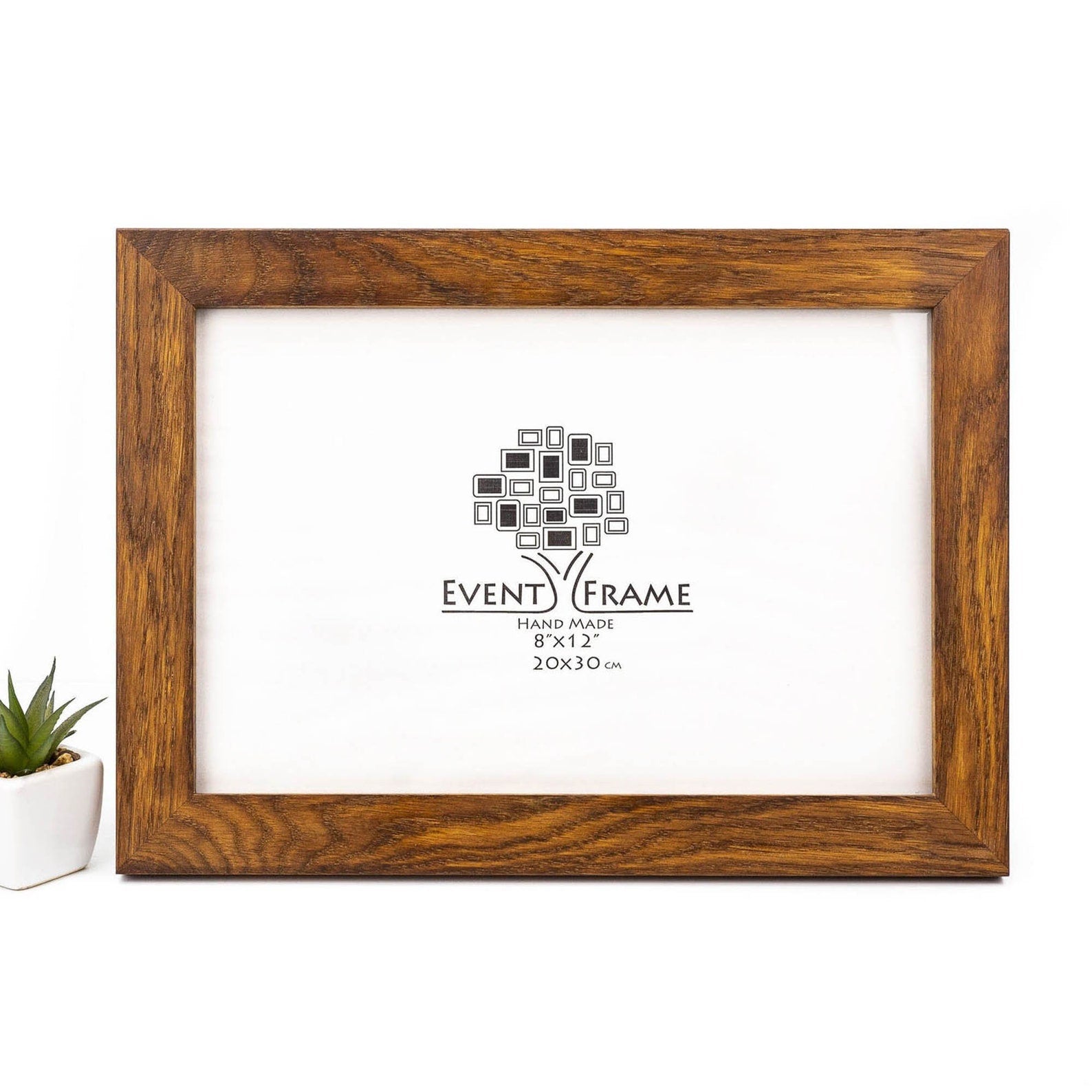 Wooden picture frame with 'Event Frame' logo on a white background. Oak Wood Photo Frame, Brown Rustic Picture Frame, Any Custom Size Gallery Frame A4, A3, A2, A1, 4x6, 5x7, 8x10, 9x12, 10x14, 16x20, 18x24