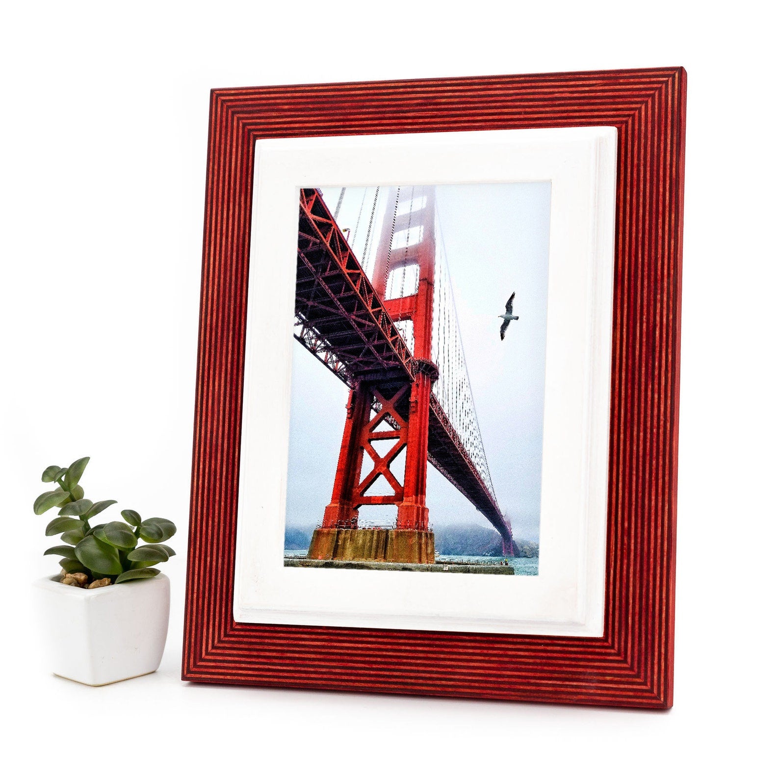 Red picture frame with a photo of a bridge on a white background. Red + White Custom Wooden Frame, Double Color Photo Frame, Modern Wall Frame, Custom Size Poster Frame A1 A3 A4 8x8 12x18 18x24 20x30 24x36