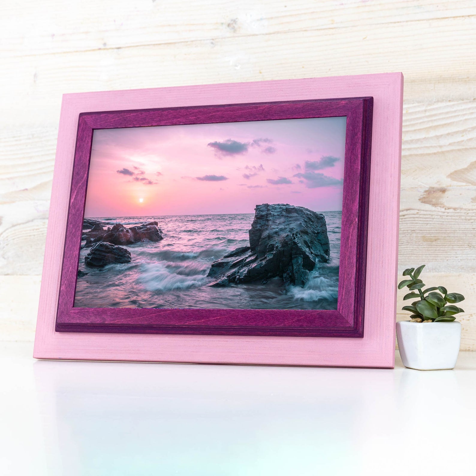 Pink and purple baltic birch picture frame for art photography, custom sizes, made from high quality durable materials, perfect for gallery walls. Double Black Custom Picture Frame, Handmade Wooden Photo Frame, Black Poster Frame, Contemporary style A1 A3 A5 4x6 9x12 16x20 18x24 36x40