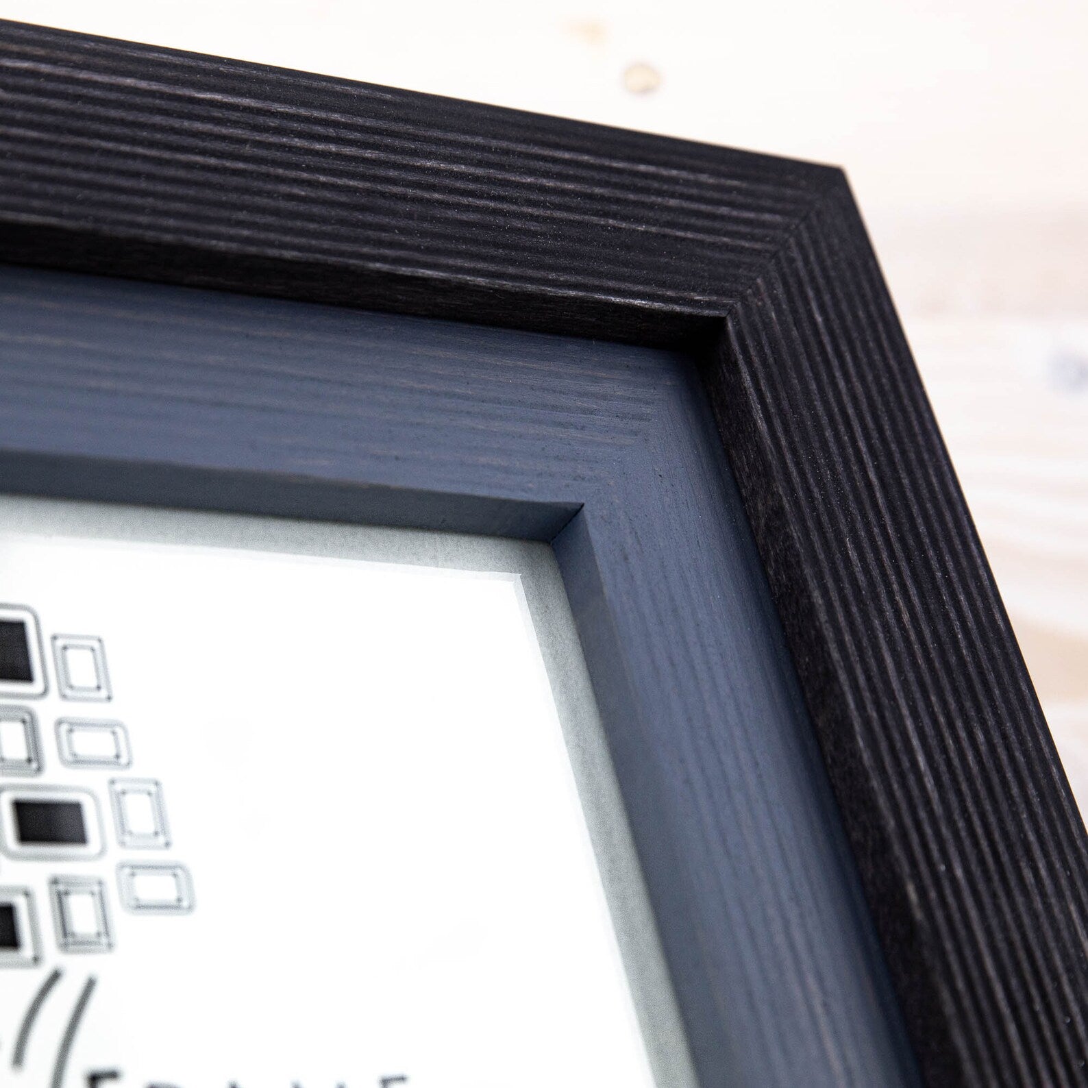 Close-up of a textured black picture frame corner. Black + Grey Handmade Picture Frame, Photo Frame with Wooden Mat, Two Tone Poster Wall Frame, Custom Sizes A1 A2 5x7 8x10 18x24 24x36 20x30