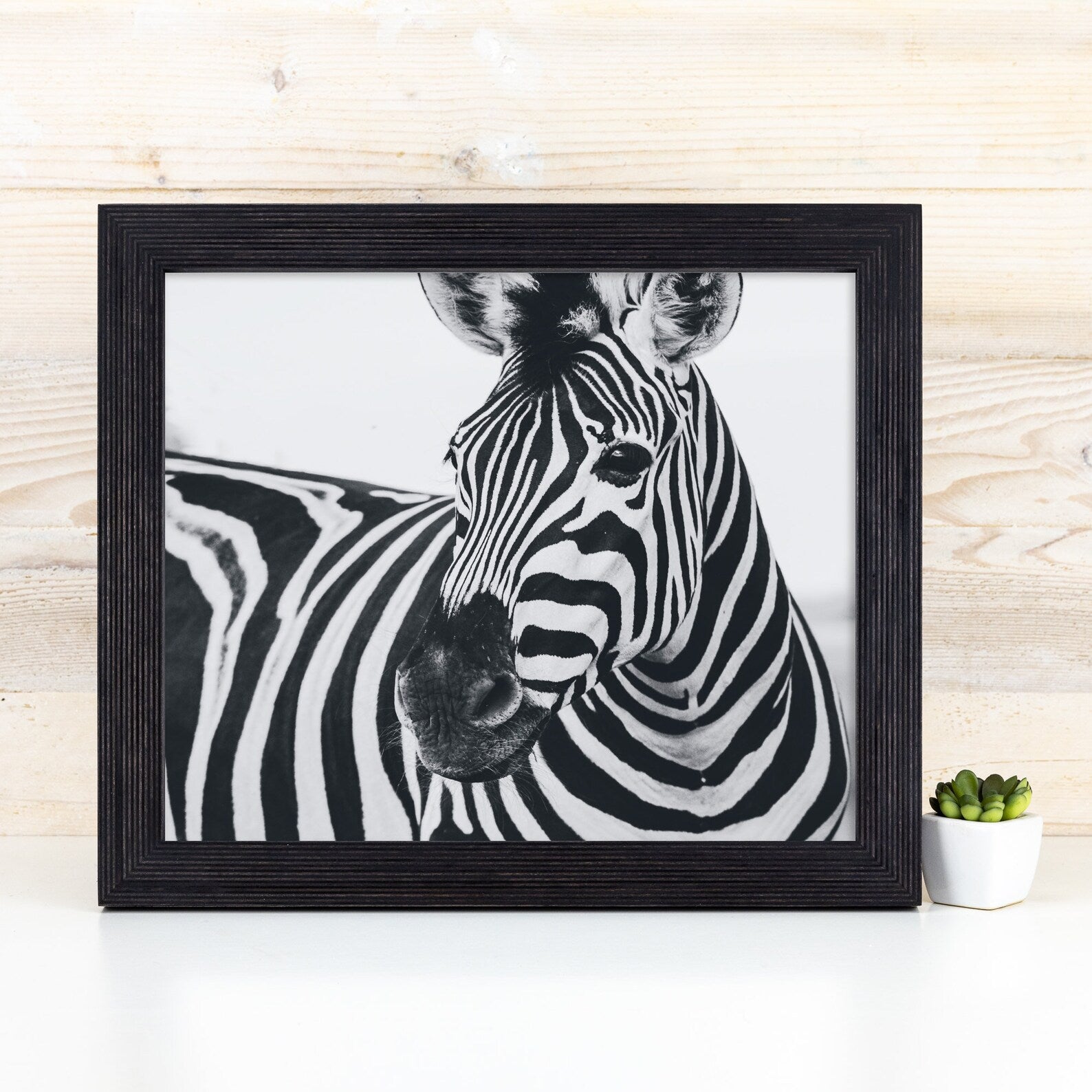 Framed black and white zebra print on a wooden surface with a small plant. Black Picture Frame, Wooden Photo Frame, Rustic Stripy Design Frame, Dark Academia Decor,Diploma Frame A1 A3 A4 8x10 11x14 12x18 18x24 20x30
