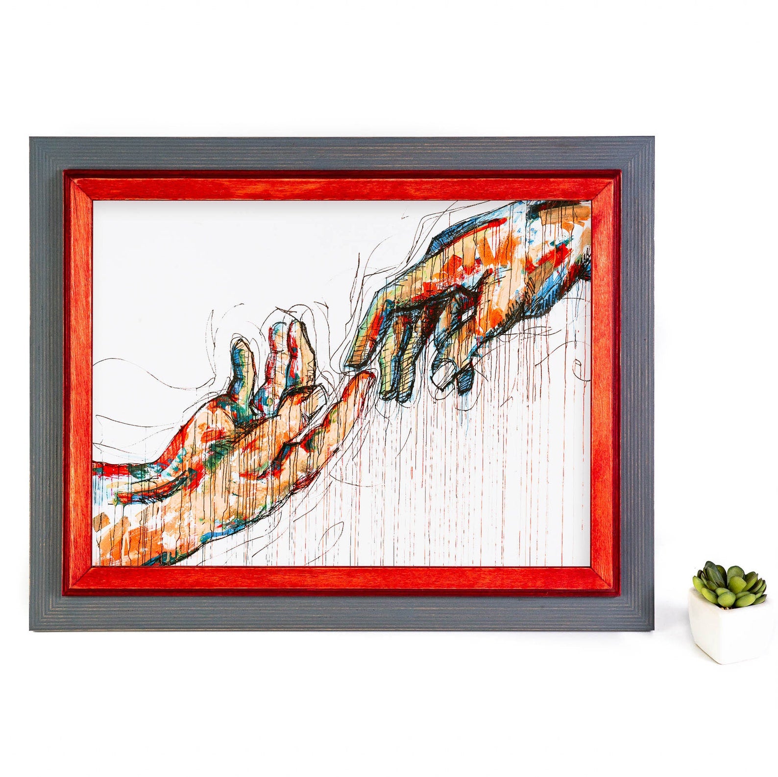 Framed artwork of two hands reaching towards each other with a red border on a white background. Grey and Red Wooden Picture Frame, Handmade Photo Frame, Any Custom Sizes 4x6 5x7 5.5x8.5 6x6 6x9 8x10 9x16 A4 12x16 20x30 18x24 14x18 13x19