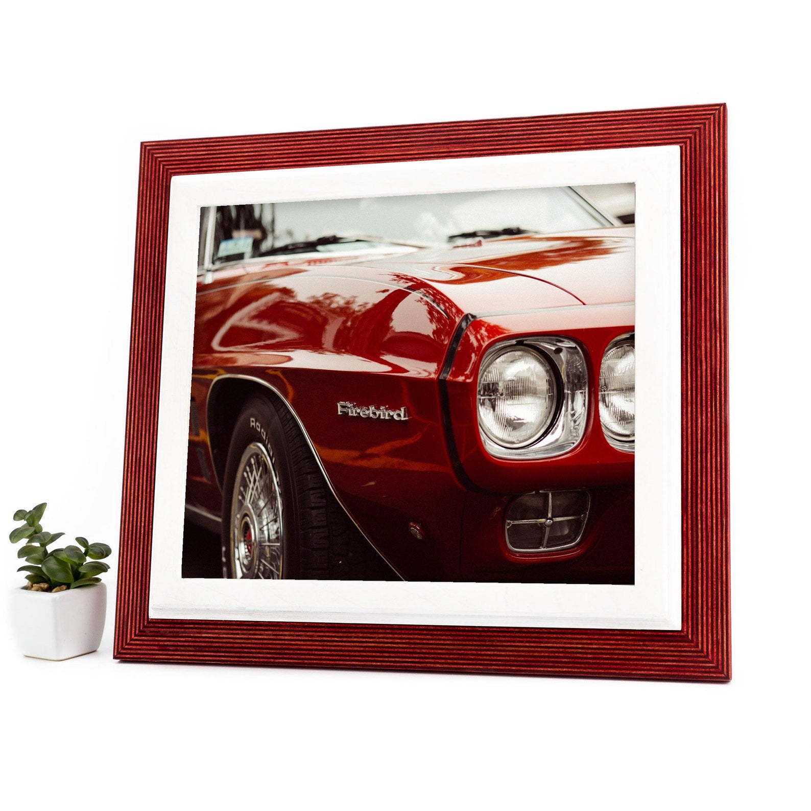 Framed picture of a red car with 'Firebird' branding on a white background. Red + White Custom Wooden Frame, Double Color Photo Frame, Modern Wall Frame, Custom Size Poster Frame A1 A3 A4 8x8 12x18 18x24 20x30 24x36