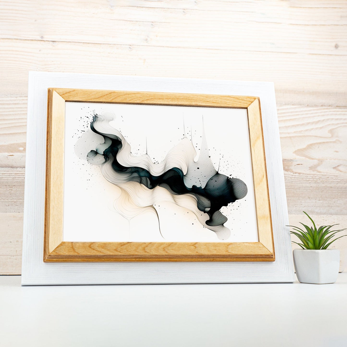 Framed abstract artwork with black and white swashes on a wooden surface. White + Natural Custom Wooden Frame, Handmade Double Color Photo Frame, Modern Wall Frame, Poster Frame A1 A2 A3 A4 11x14 12x18 20x30 24x36