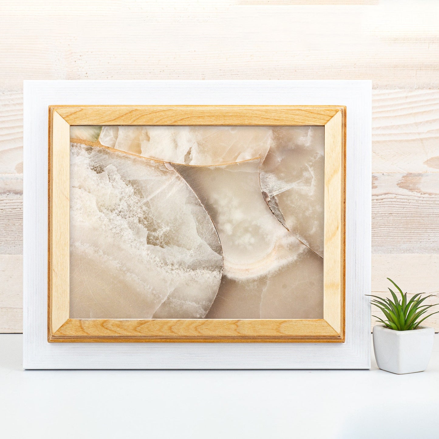 Framed artwork with a natural stone design on a wooden surface. White + Natural Custom Wooden Frame, Handmade Double Color Photo Frame, Modern Wall Frame, Poster Frame A1 A2 A3 A4 11x14 12x18 20x30 24x36