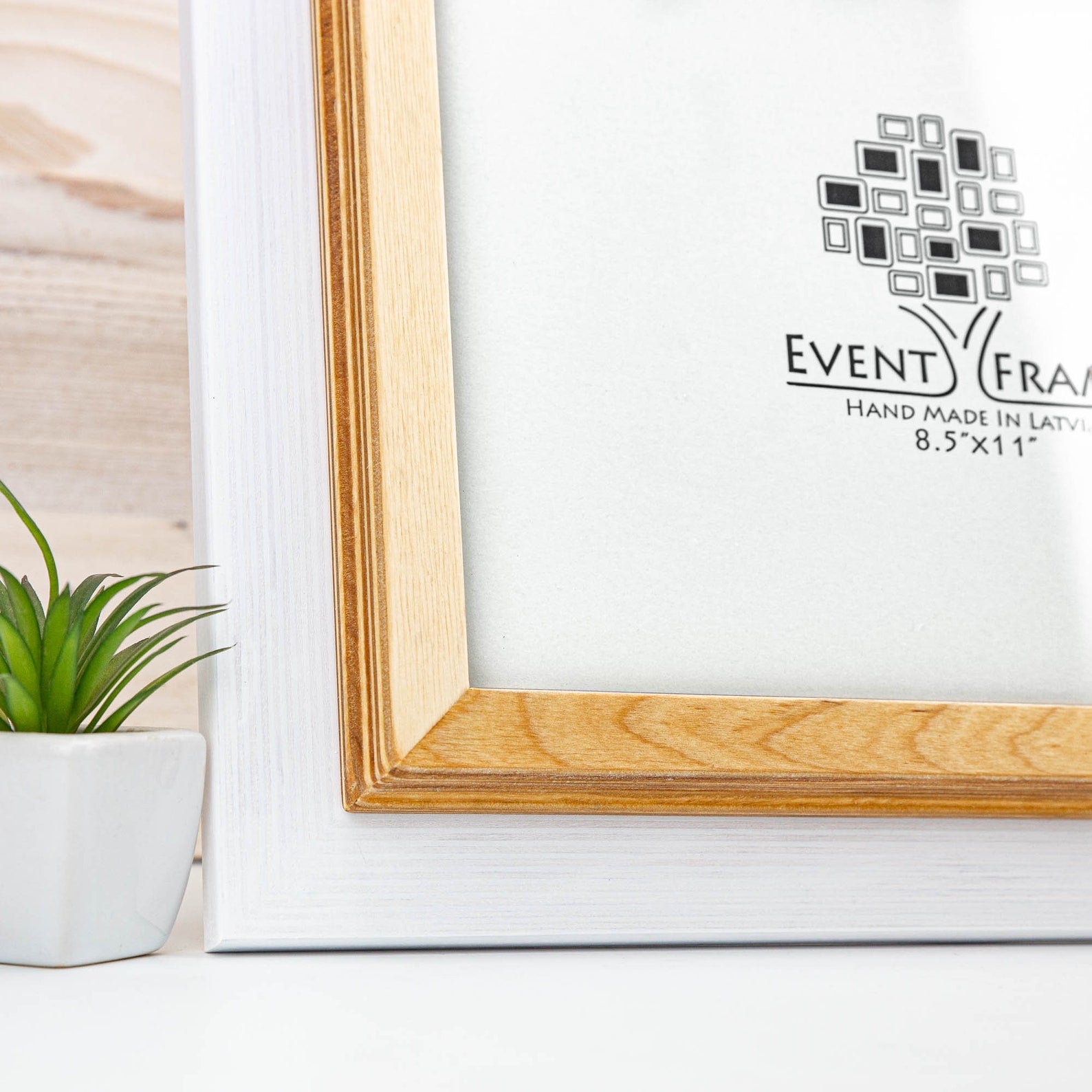 Wooden picture frame with 'Event Frame' logo on a white background. White + Natural Custom Wooden Frame, Handmade Double Color Photo Frame, Modern Wall Frame, Poster Frame A1 A2 A3 A4 11x14 12x18 20x30 24x36