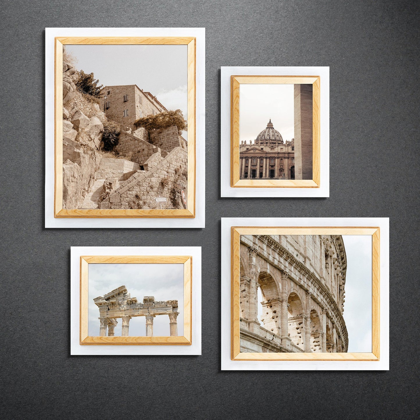 Four framed photographs of architectural landmarks on a gray wall. White + Natural Custom Wooden Frame, Handmade Double Color Photo Frame, Modern Wall Frame, Poster Frame A1 A2 A3 A4 11x14 12x18 20x30 24x36