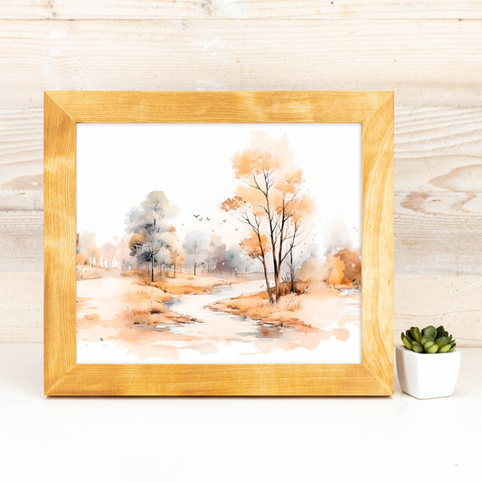 Framed artwork of a landscape with trees and water on a wooden surface. Natural BIRCH Picture Frame in Flat Style, Handmade Solid Hardwood Photo Frame, Modern Gallery Wall Frames, Custom Size A1 5x7 11x17 24x36