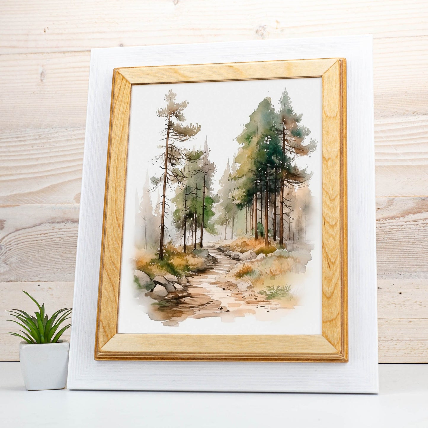 Framed artwork of a forest scene on a wooden surface with a plant. White + Natural Custom Wooden Frame, Handmade Double Color Photo Frame, Modern Wall Frame, Poster Frame A1 A2 A3 A4 11x14 12x18 20x30 24x36