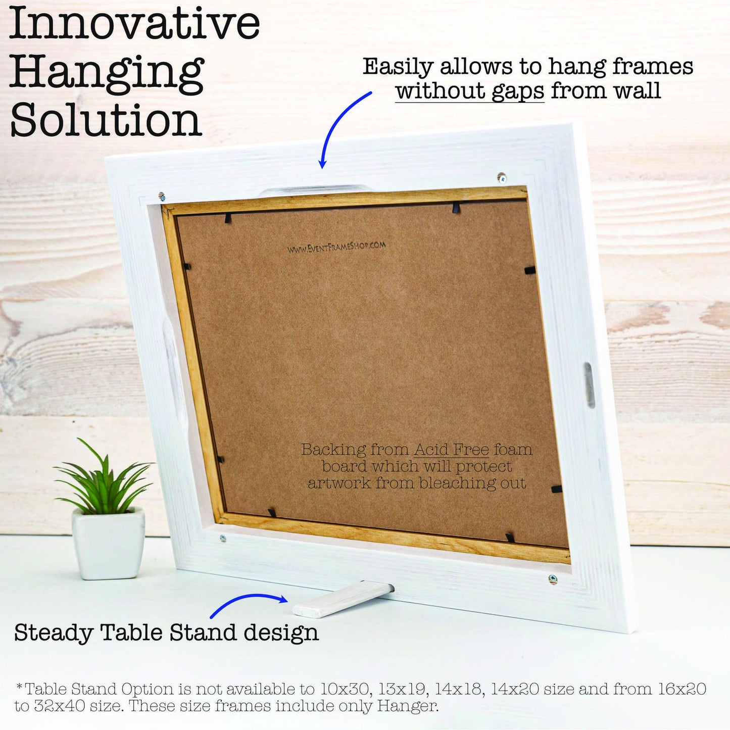 White picture frame with wooden back on a light wood background, featuring text about innovative hanging solution. White + Natural Custom Wooden Frame, Handmade Double Color Photo Frame, Modern Wall Frame, Poster Frame A1 A2 A3 A4 11x14 12x18 20x30 24x36