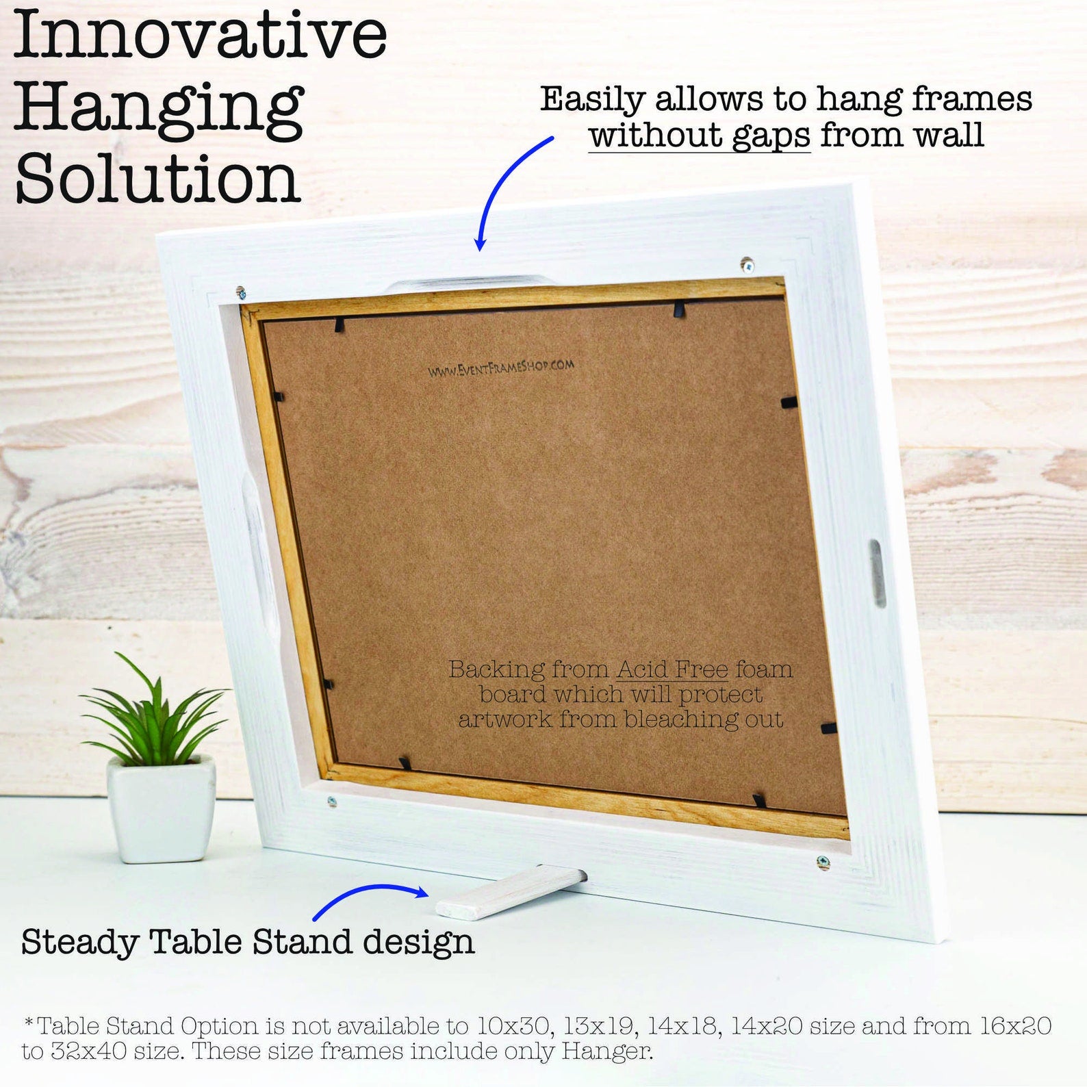 White picture frame with wooden back on a light wood background, featuring text about innovative hanging solution. White + Natural Custom Wooden Frame, Handmade Double Color Photo Frame, Modern Wall Frame, Poster Frame A1 A2 A3 A4 11x14 12x18 20x30 24x36