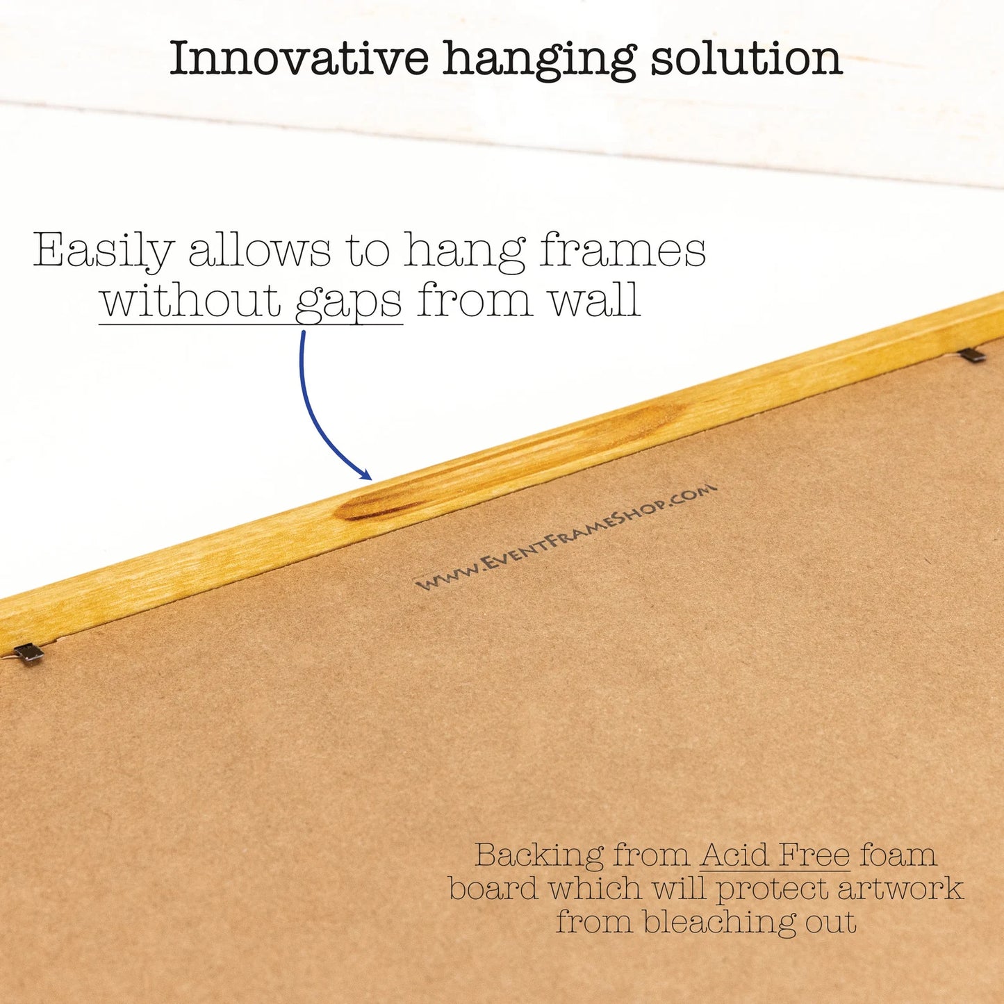 Back of a wooden picture frame with text "innovative hanging solution. easily allow to hand frames without gaps from wall".