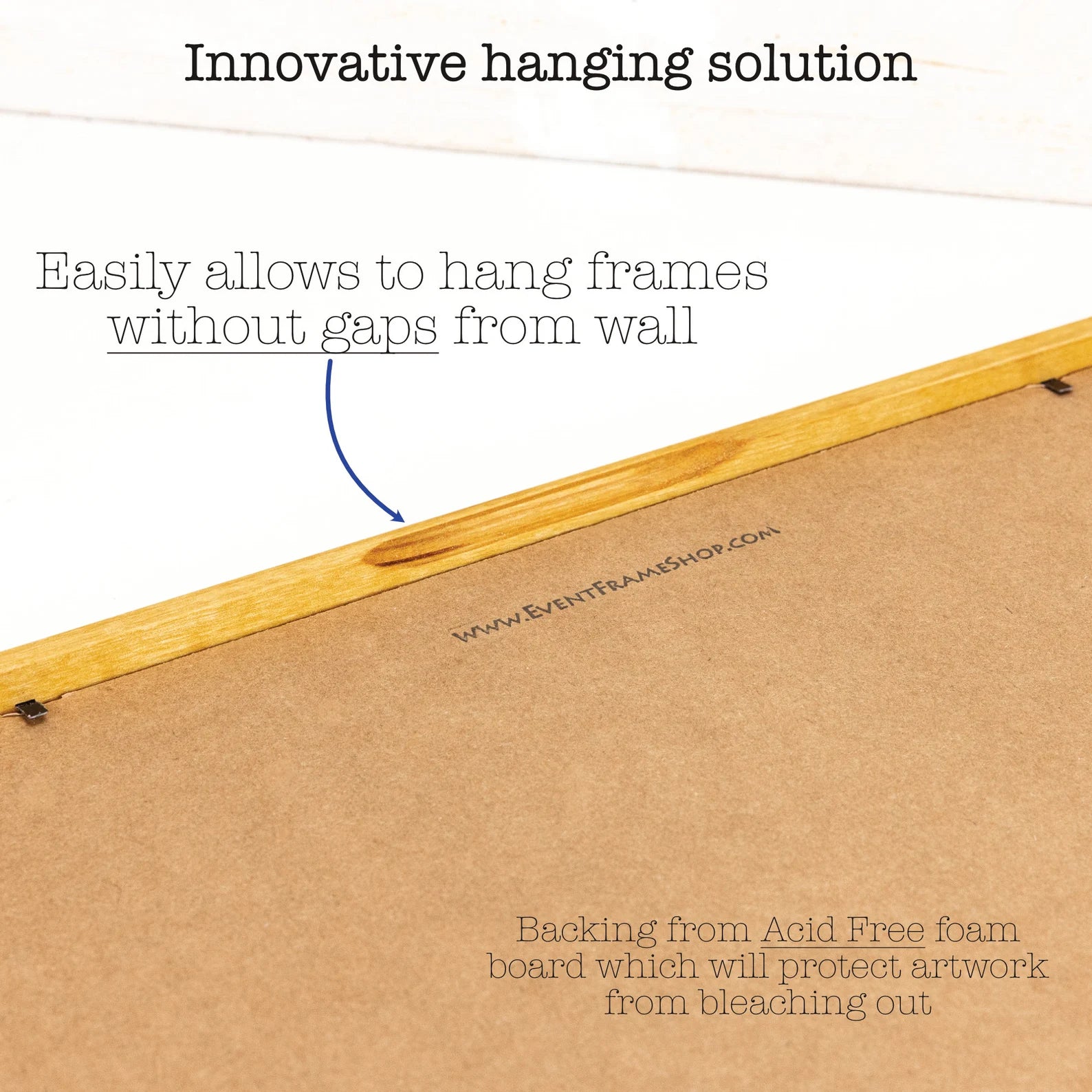 Back of a wooden picture frame with text "innovative hanging solution. easily allow to hand frames without gaps from wall".
