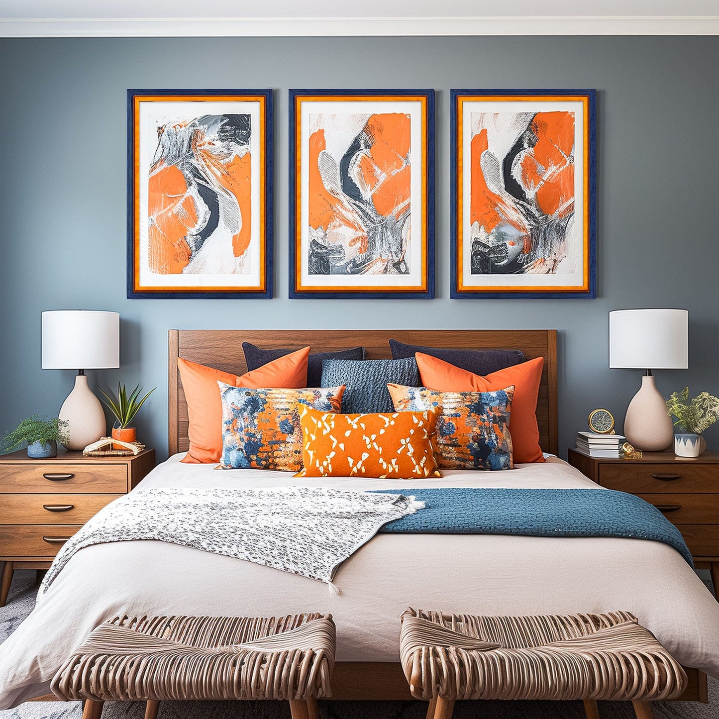 Bedroom with a bed featuring colorful pillows, two nightstands with lamps, and abstract art on the wall. Add rustic elegance with this grey + white birch frame. Handmade and built to last, ideal for artwork, photo décor, or Scandi-inspired homes.