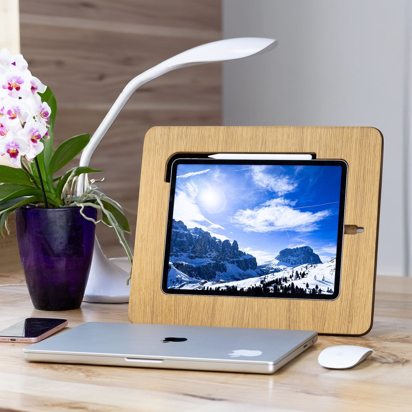 Handcrafted wooden drawing board for iPad, Samsung tab placed in a work environment curated with elements belonging to an office