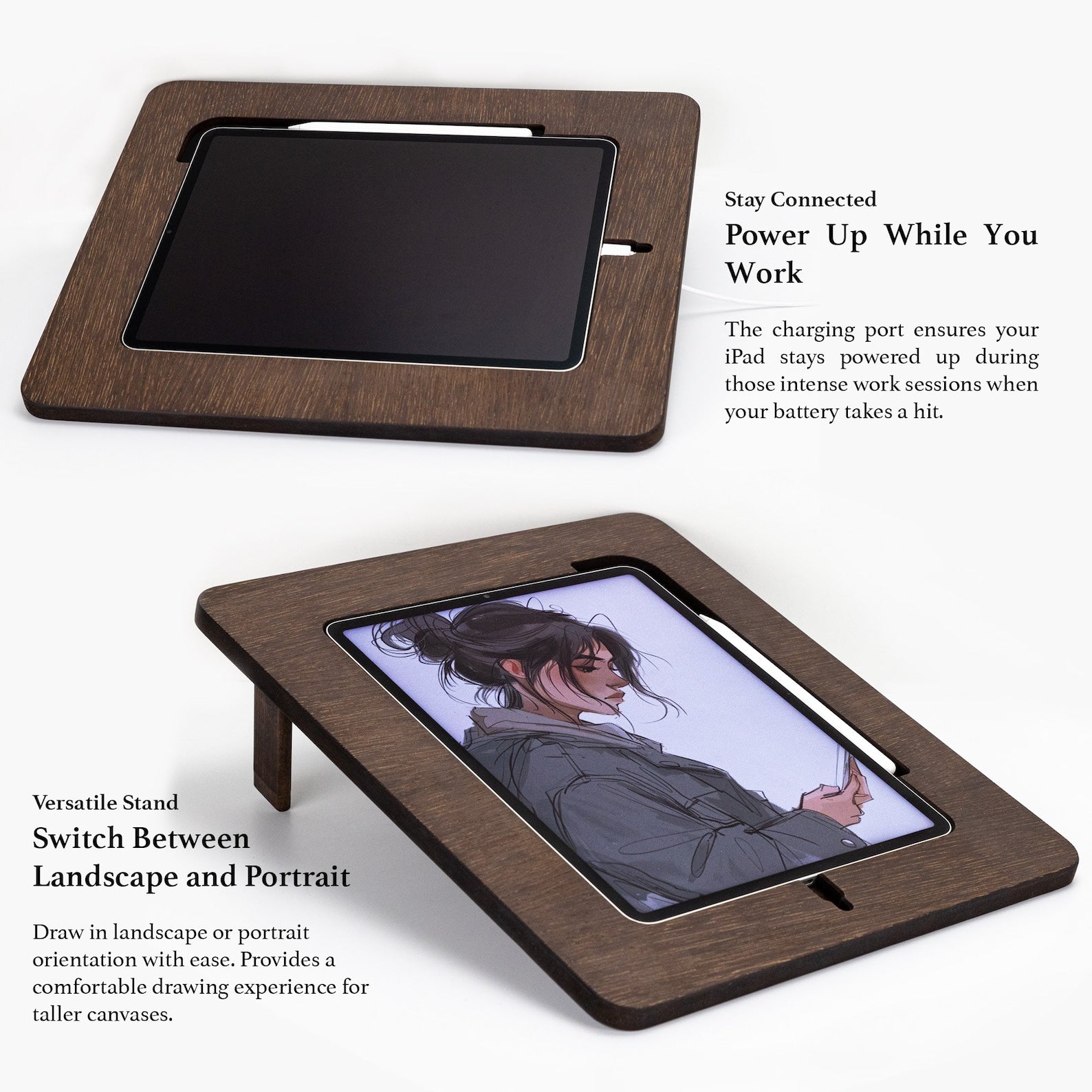 iPad charging while it is being held in a handcrafted wooden board. The board can be placed in landscape and portrait.