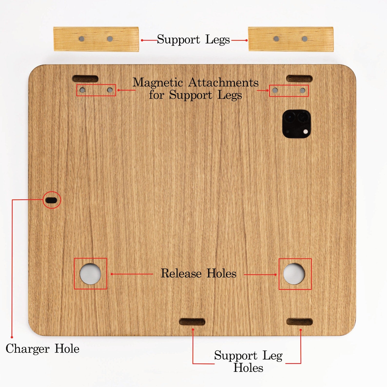 Details at the back of a wooden iPad board such as support leg holes, magnetic attachhments, charger and release holes.
