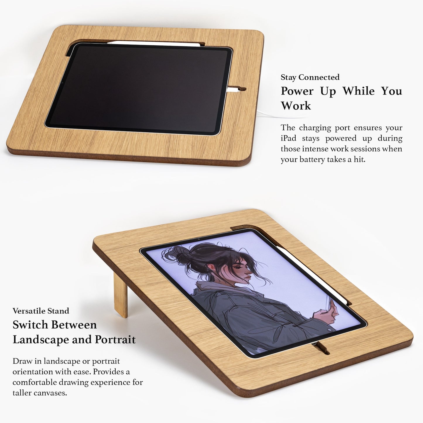 A wooden drawing board for iPad and Samsung tab is a versatile stand that allows you to charge your device and switch between lanscape and portrait