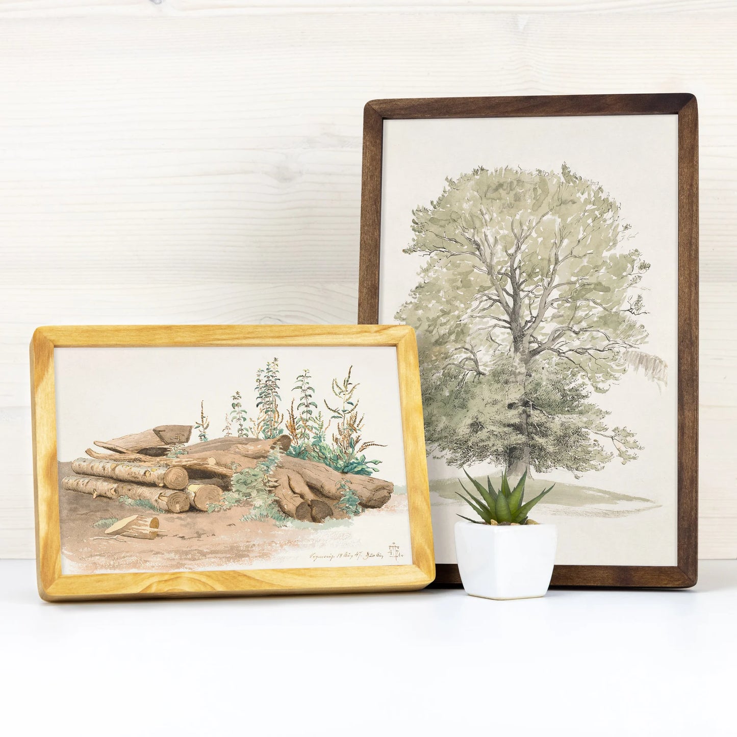 Two wooden picture frames with pictures drawings of wood and logs.