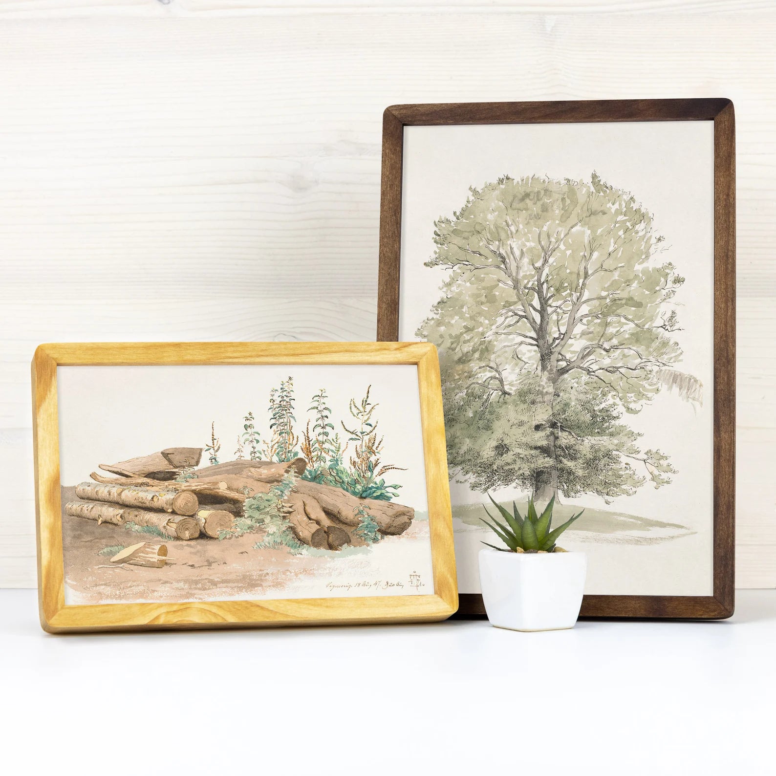 Two wooden picture frames with pictures drawings of wood and logs.
