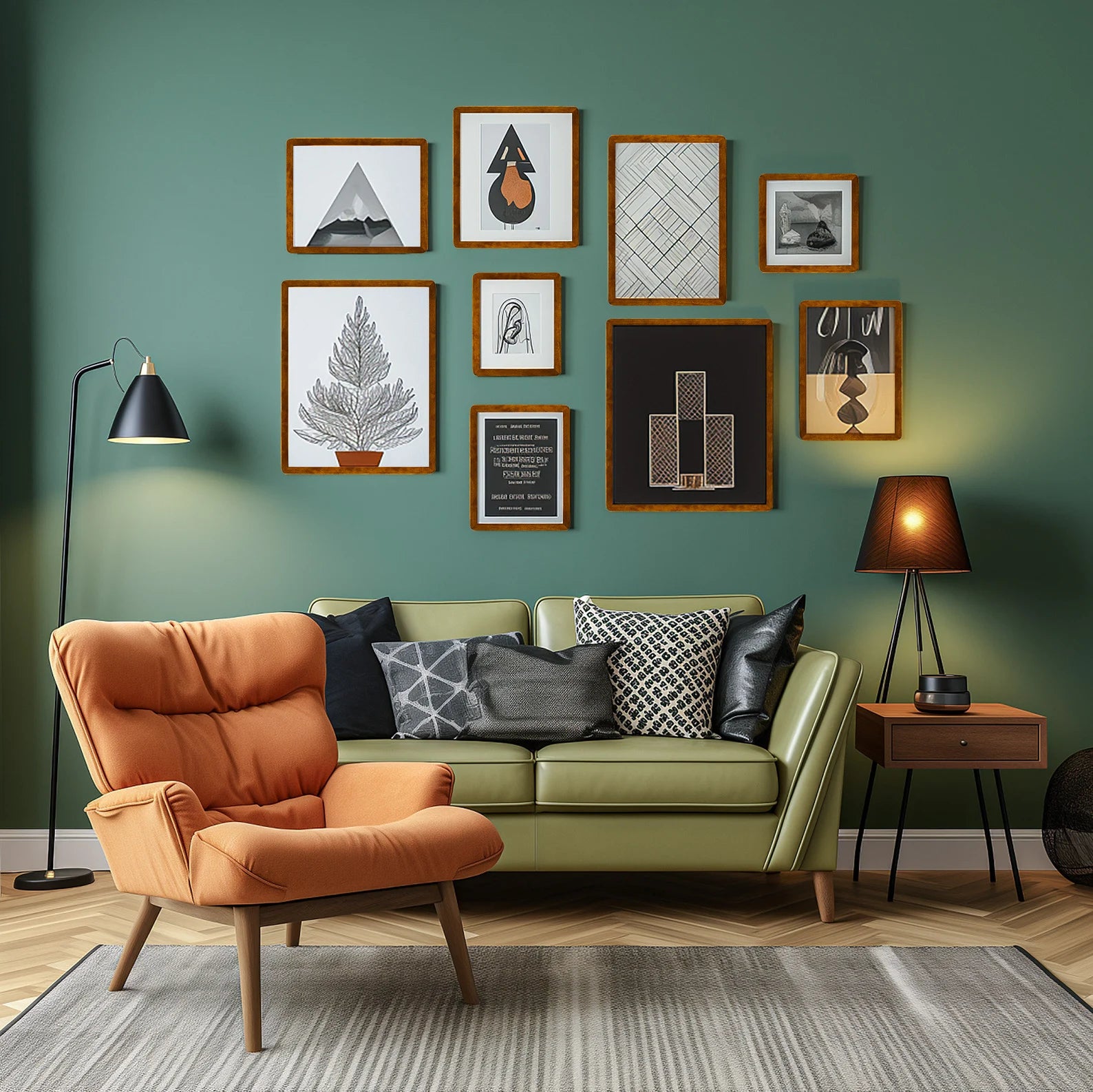 Brown wooden picture frame set in modern cozy green living room home interior.