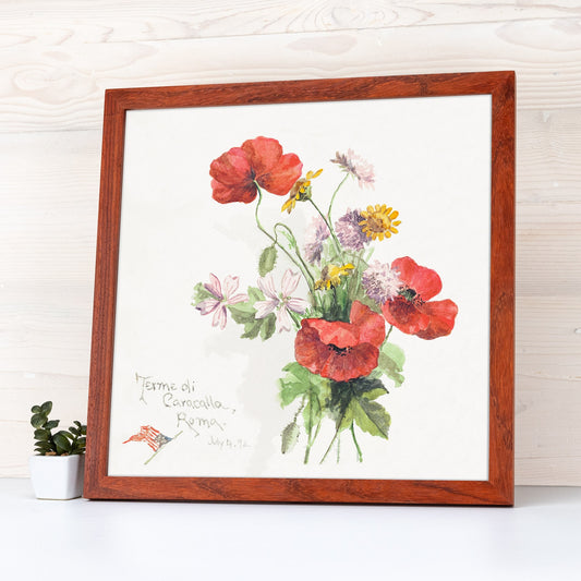 Framed artwork of a floral bouquet with red flowers on a white background. Handmade alder hardwood frame with rich brown tones and red accents. Finished in natural oil, it adds warmth and charm to your artwork or photos.