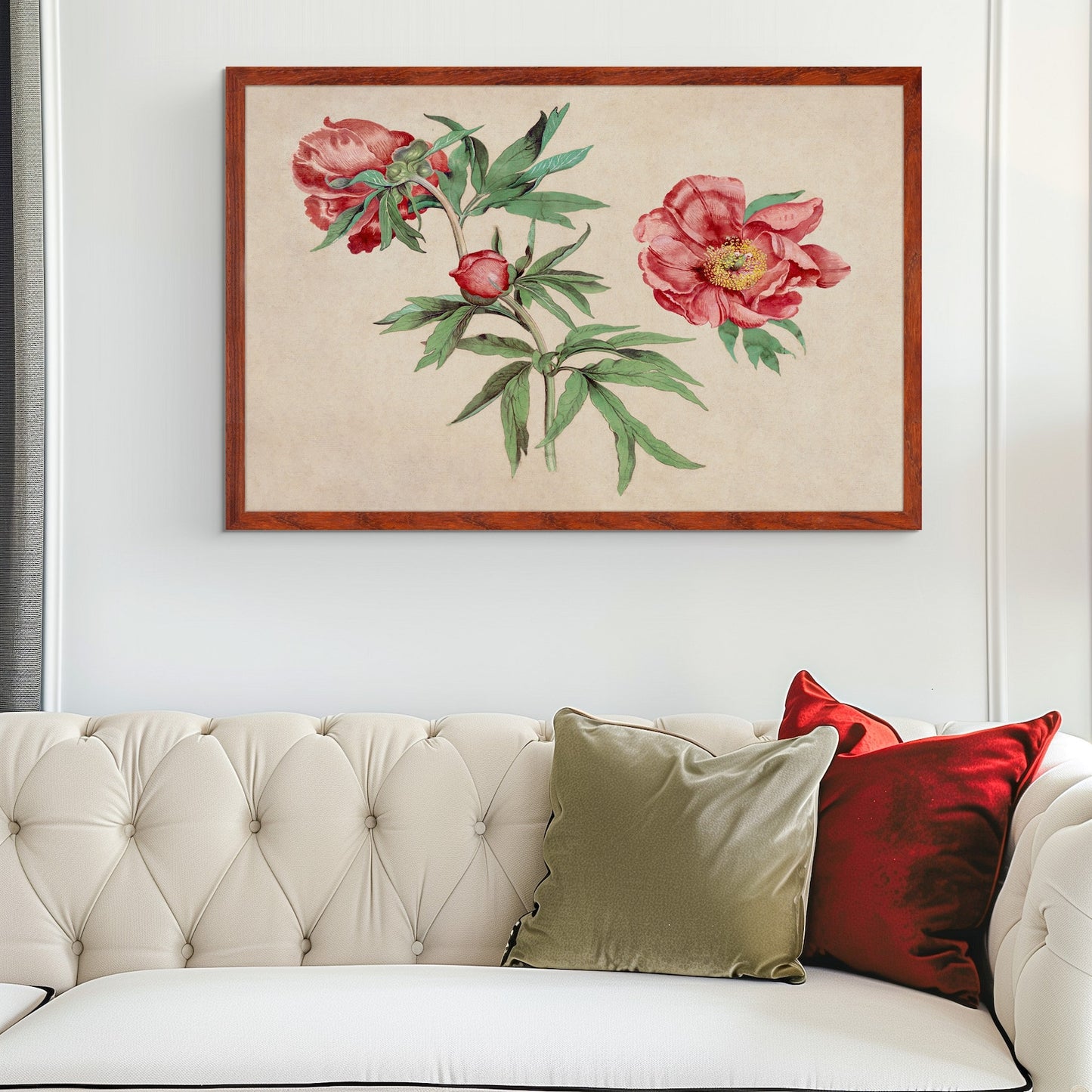Floral painting on a wall above a white sofa with red and beige pillows. Handmade alder hardwood frame with rich brown tones and red accents. Finished in natural oil, it adds warmth and charm to your artwork or photos.