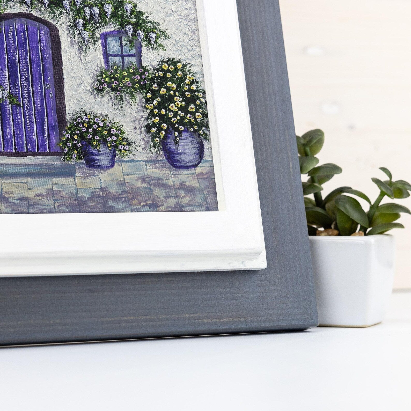Framed artwork of a purple door and window with flower pots on a white surface. Charcoal Grey + White Custom Size Frames, Double Color Frame for Poster, Handmade Wooden Photo Frame, Cold Tones A2 A3 11x14 22x22 36x42