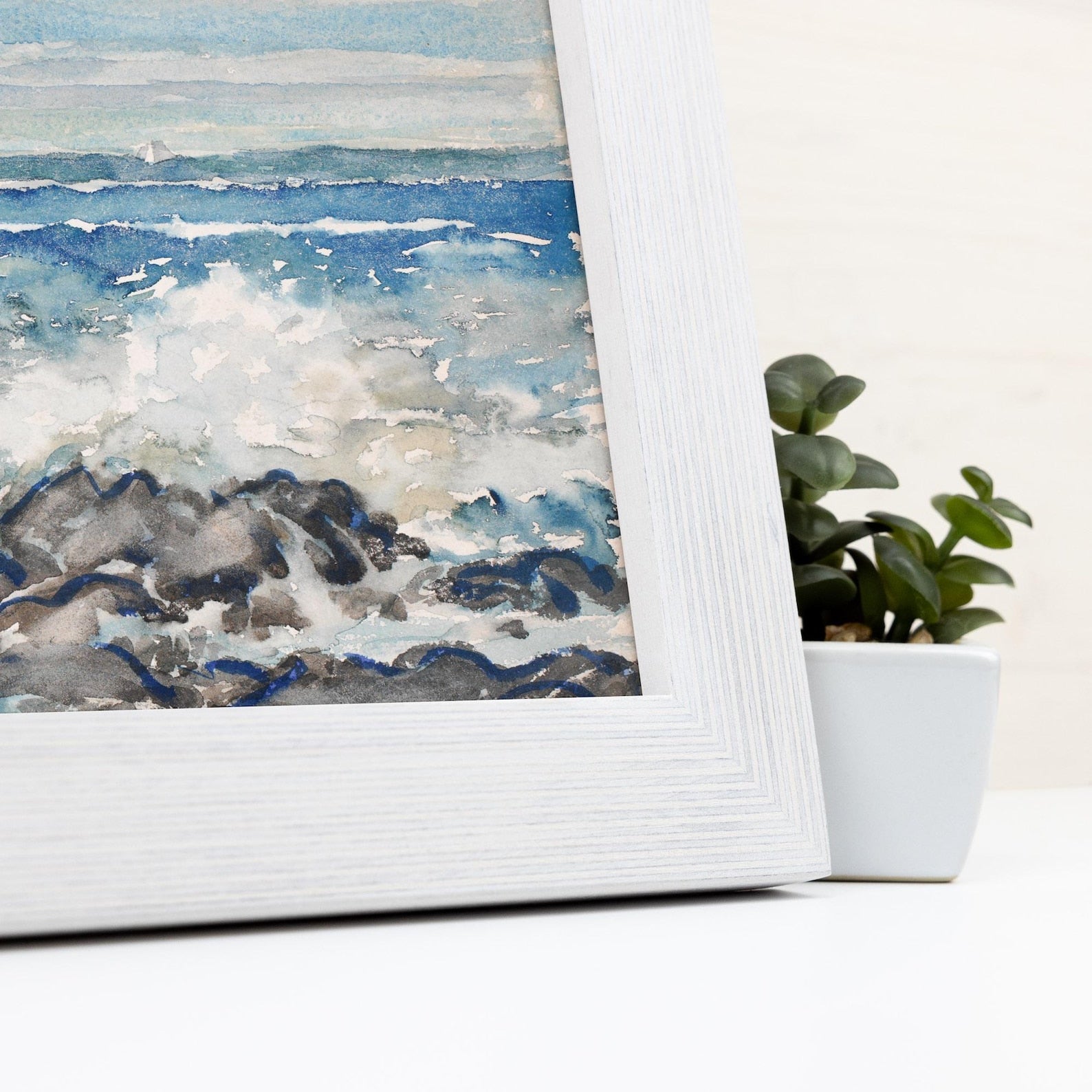 Framed artwork of a seascape with a plant in the background