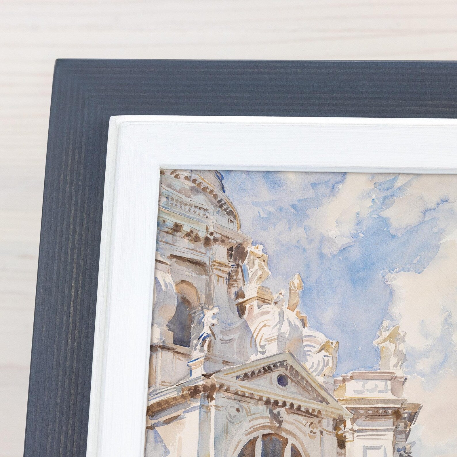 Framed artwork of a classical building with statues against a blue sky. Charcoal Grey + White Custom Size Frames, Double Color Frame for Poster, Handmade Wooden Photo Frame, Cold Tones A2 A3 11x14 22x22 36x42