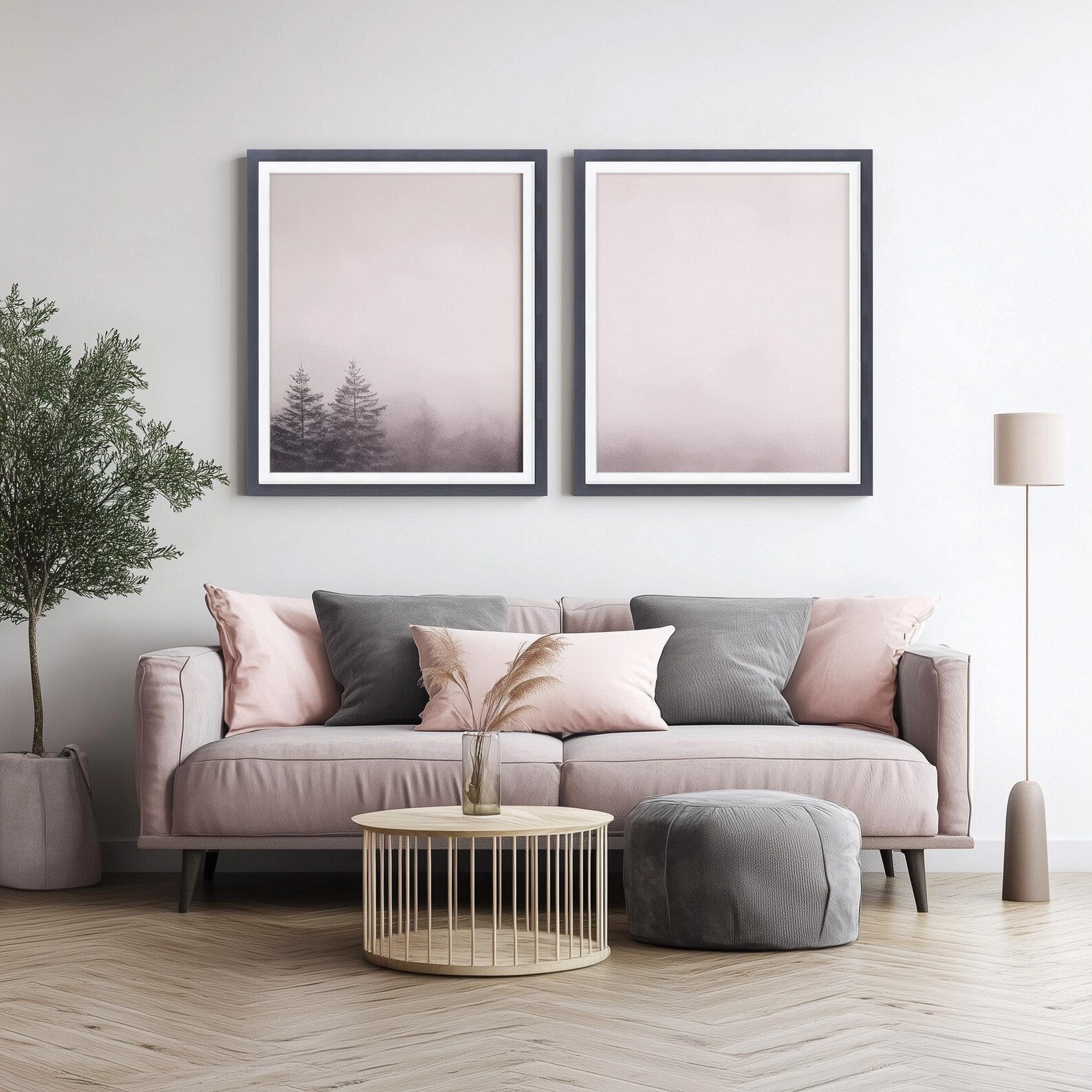Modern living room with a pink sofa, coffee table, and framed artwork on the wall. Charcoal Grey + White Custom Size Frames, Double Color Frame for Poster, Handmade Wooden Photo Frame, Cold Tones A2 A3 11x14 22x22 36x42