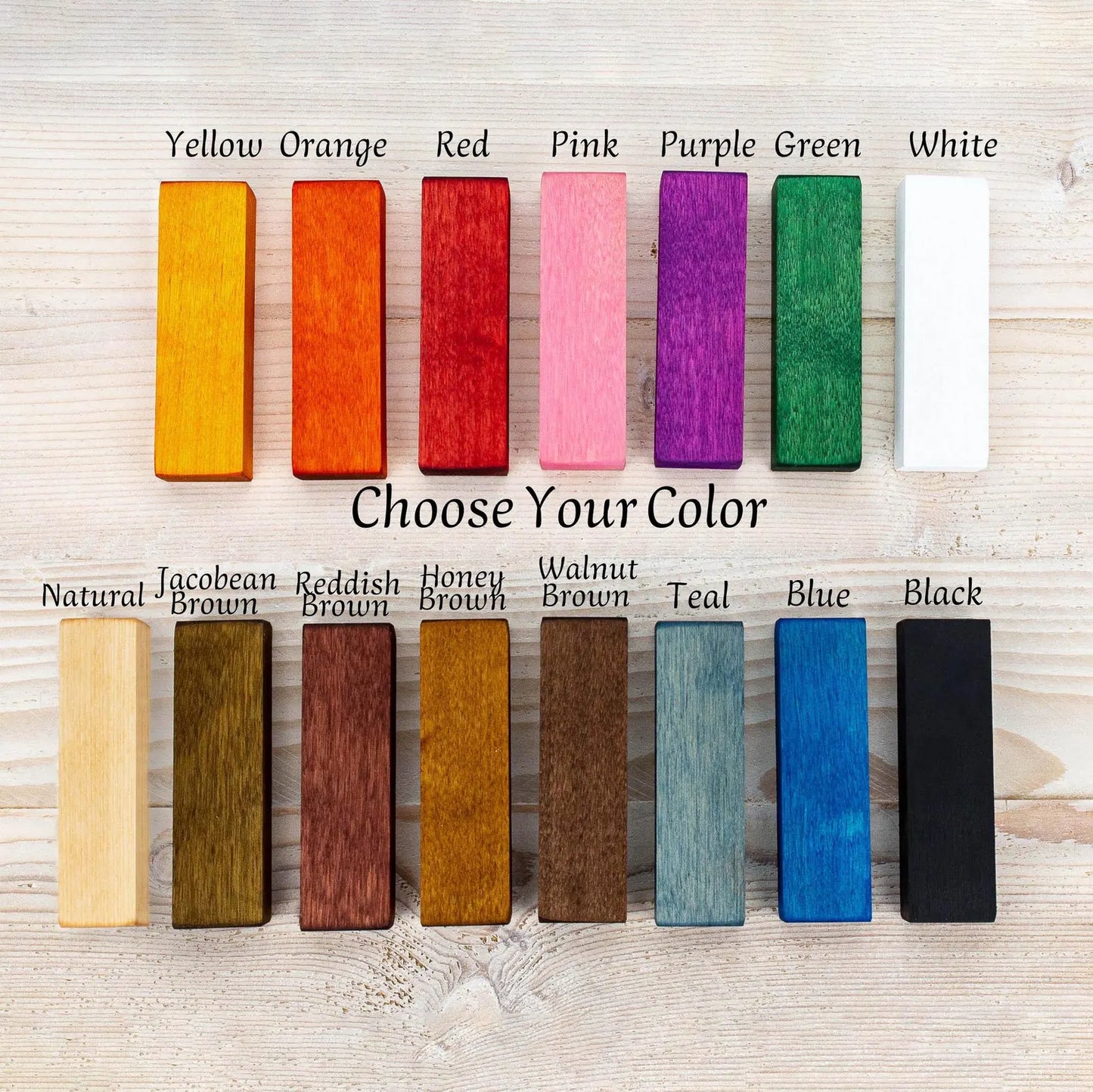 Colorful wood samples in multiple colors and wood finishes with natural wood grain and texture.