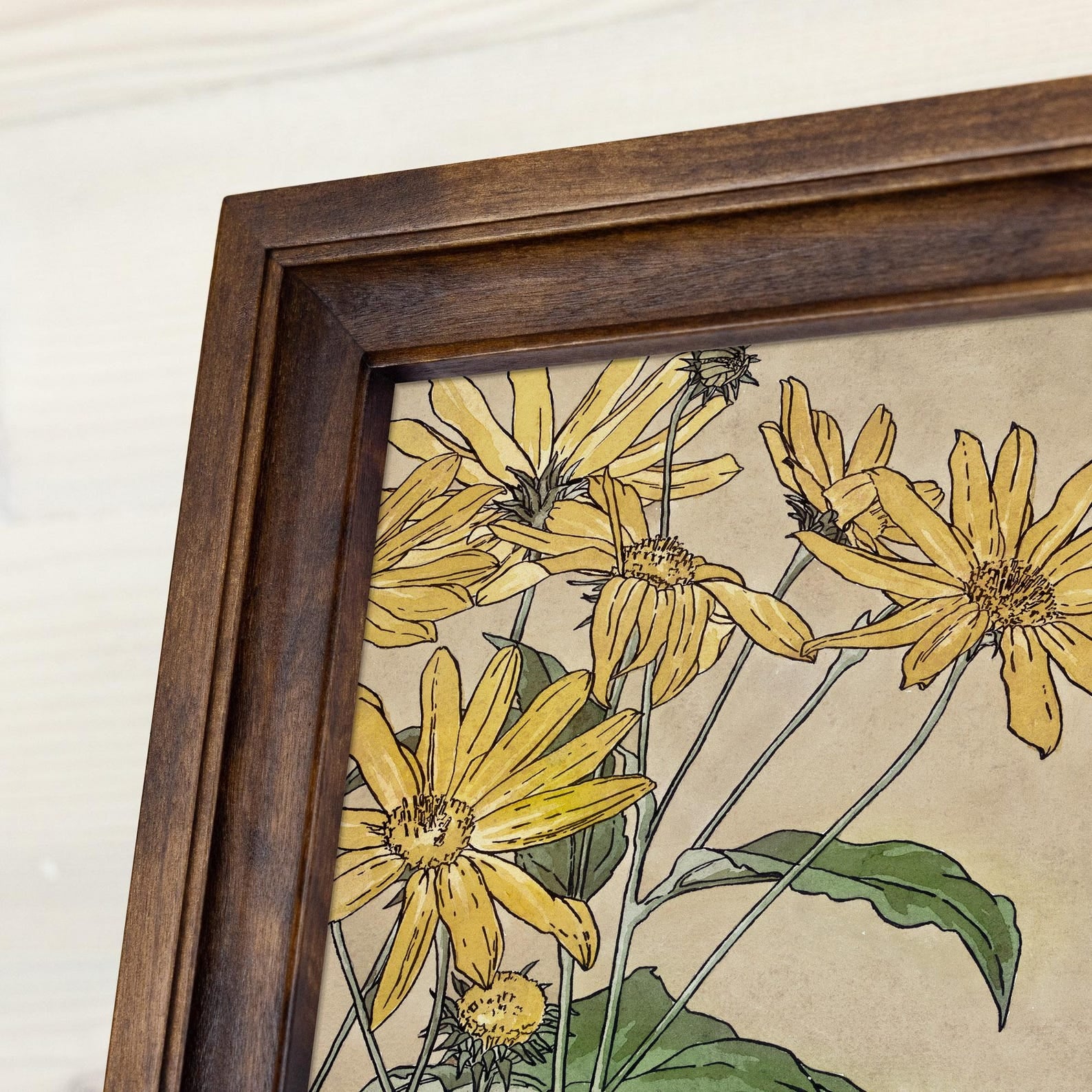 Framed botanical illustration of yellow flowers with a wooden frame.Handmade Walnut Brown Picture Frame, Rustic Custom Photo Frame, Museum Quality Birch Hardwood Frame A1 A4 8x8 12x12 14x20 20x30 36x40