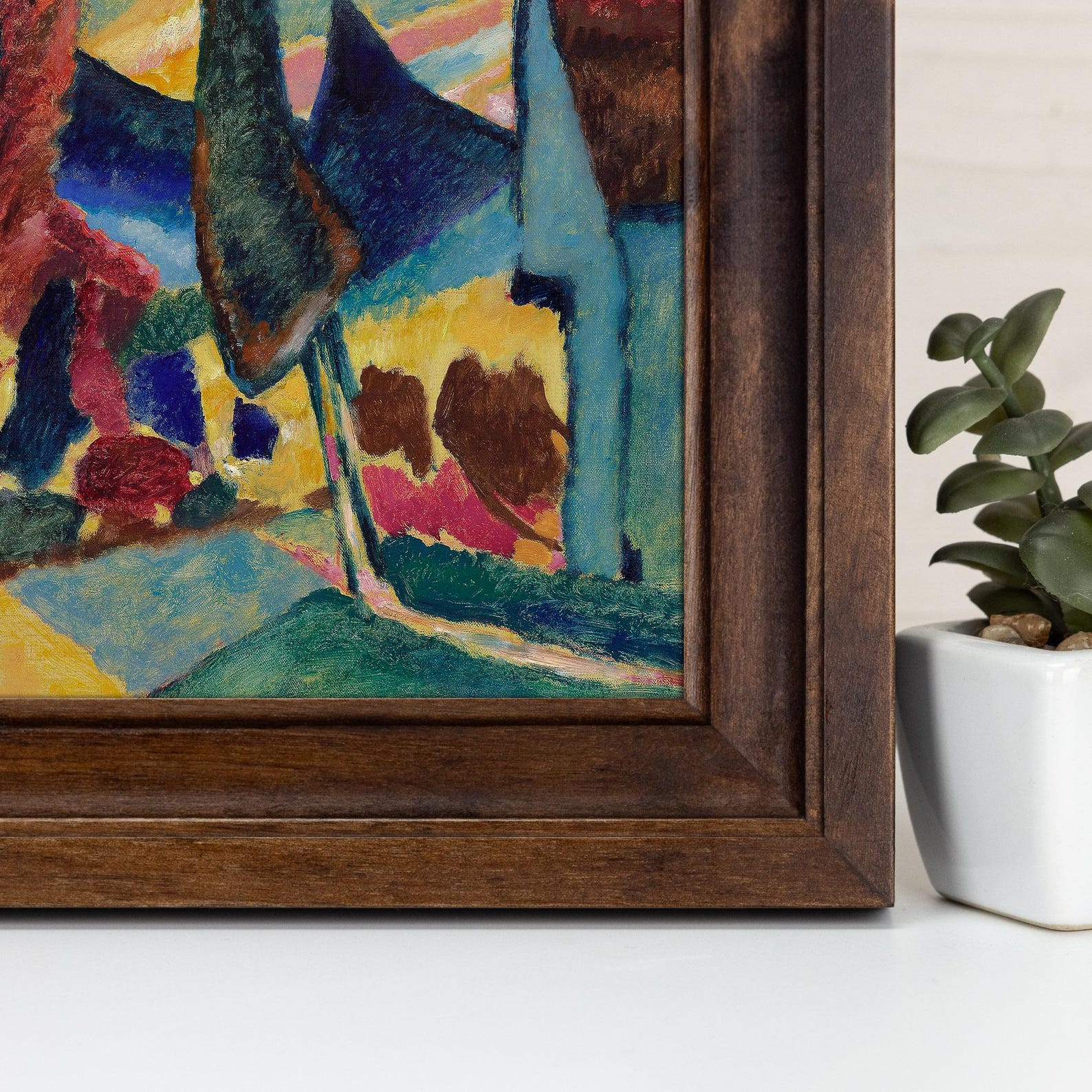Framed abstract painting with a plant on a white surface. Handmade Walnut Brown Picture Frame, Rustic Custom Photo Frame, Museum Quality Birch Hardwood Frame A1 A4 8x8 12x12 14x20 20x30 36x40