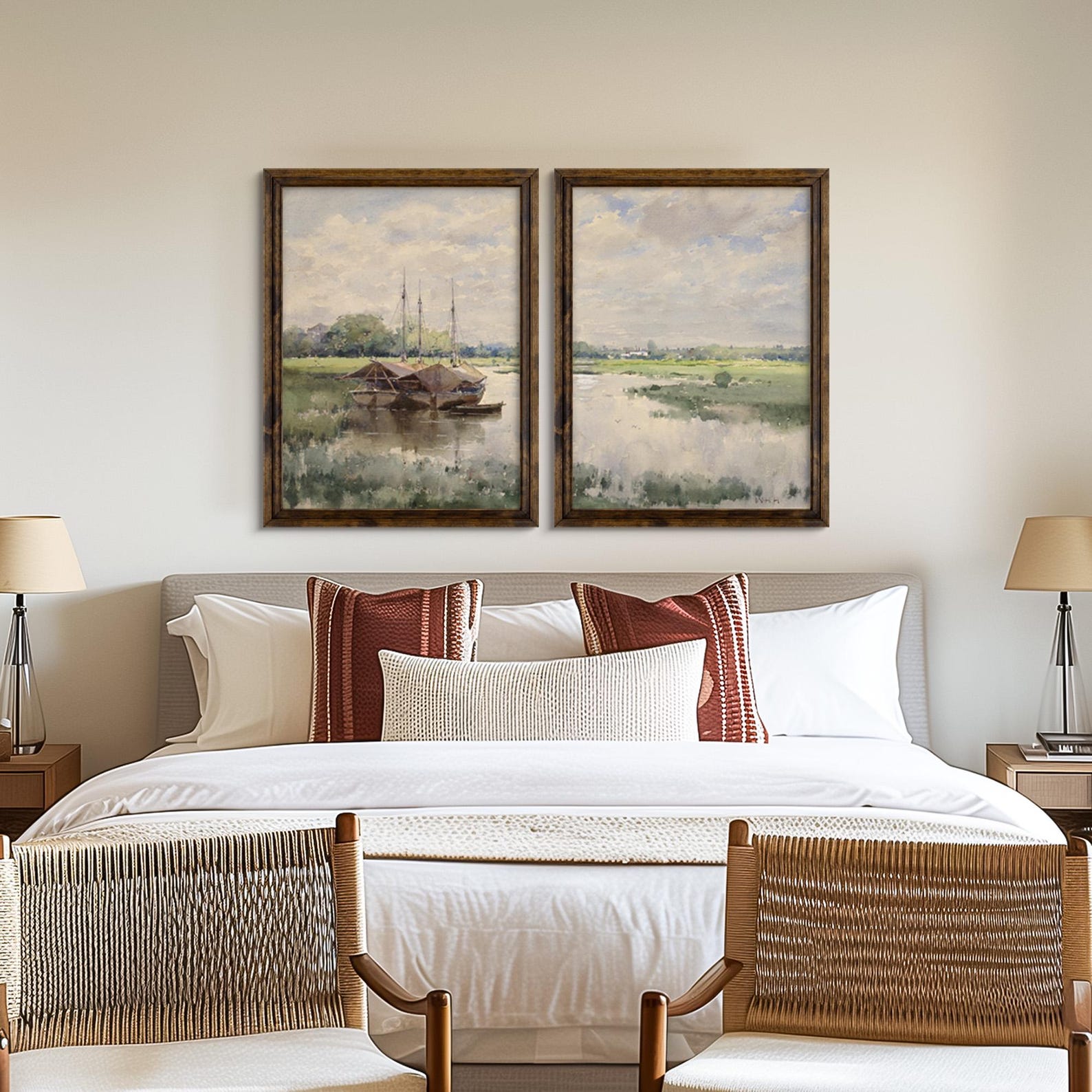 Bedroom with a bed featuring pillows and a wooden chair, framed paintings on the wall. Handmade Walnut Brown Picture Frame, Rustic Custom Photo Frame, Museum Quality Birch Hardwood Frame A1 A4 8x8 12x12 14x20 20x30 36x40