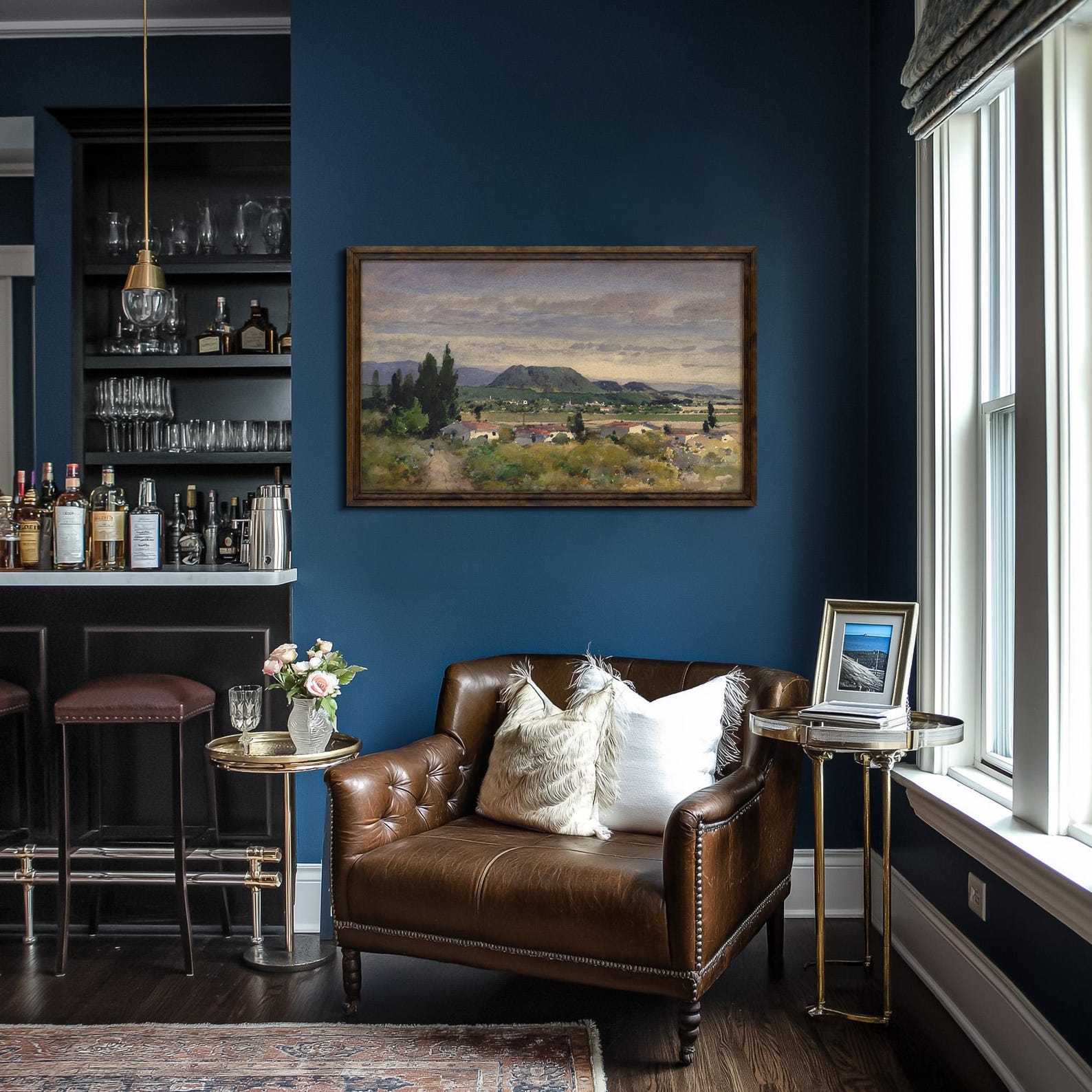 Cozy living room with brown leather sofa, bar area, and framed artwork on blue walls.Handmade Walnut Brown Picture Frame, Rustic Custom Photo Frame, Museum Quality Birch Hardwood Frame A1 A4 8x8 12x12 14x20 20x30 36x40