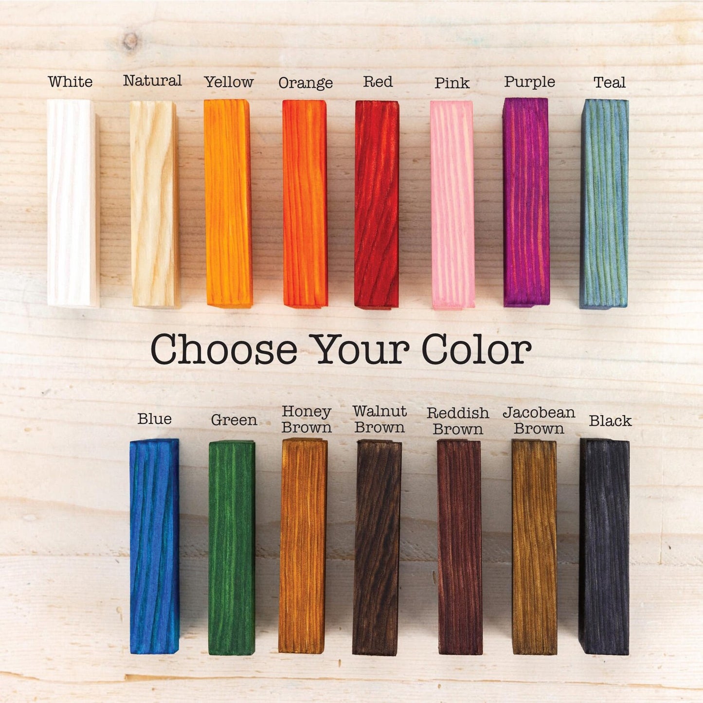 Color swatches for wood finishes with labels on a wooden background. For canvas frames, real solid pine picture frame, photo frame for 4x5, 8x10, 9x11, a4, a3, a5 size. Custom picture frame. White, natural, yellow, orange, red, pink, purple, teal, blue, green, honey bronw, walnut brown, reddish brown, jacobean brown, black.
