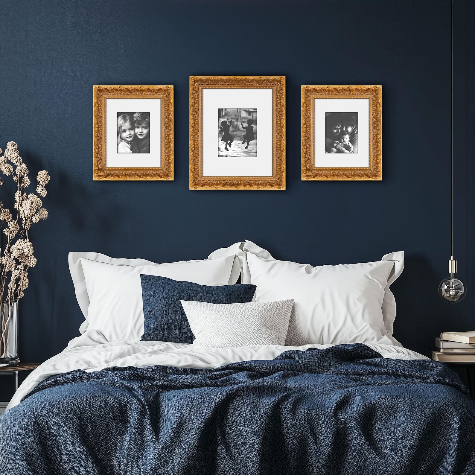 Ornate Antique Vintage Gold Picture Frame in modern interior in deep blue color