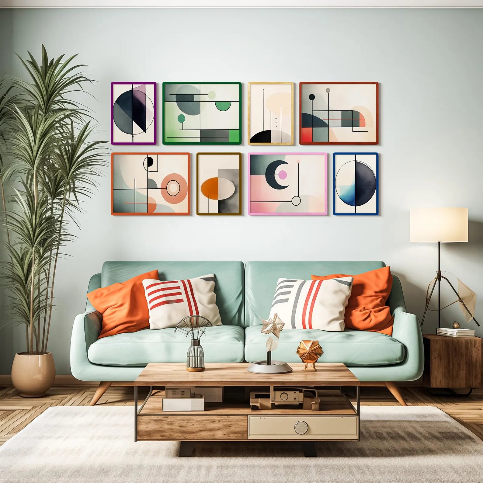 Colorful hipster artistic painter interior with colorful wooden handcrafted artisan picture frames.