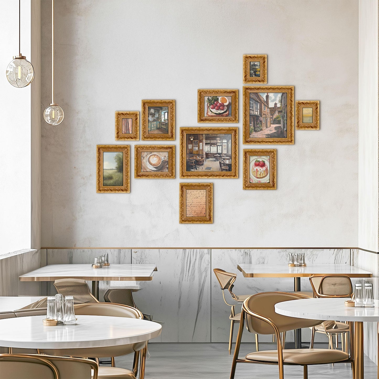 Gallery wall art with Ornate Antique Vintage Gold Picture Frame in modern interior cafe