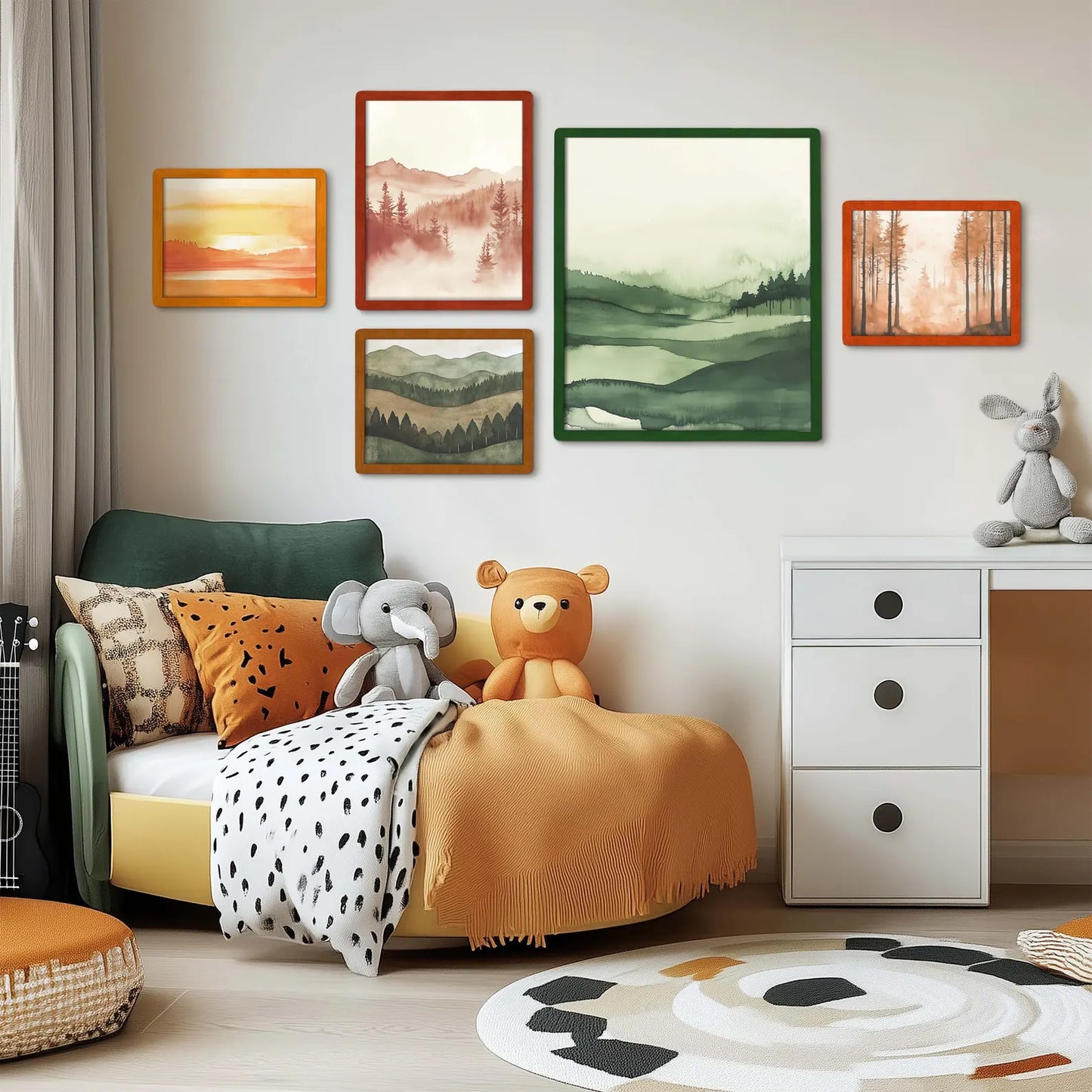 Colorful neutral children's room with colorful beautiful wooden picture frames.